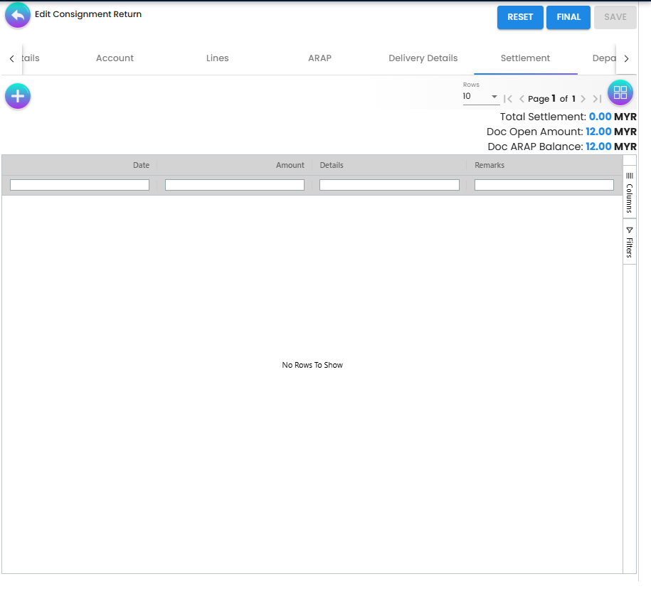 Settlement tab showing Total Settlement, Doc Open Amount, and Doc ARAP Balance summary with Date, Amount, Details and Remarks columns