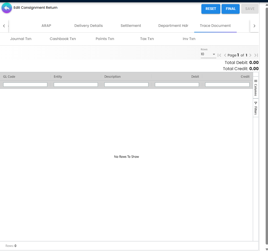 Trace Document tab showing Journal Txn sub-tab with GL Code, Entity, Description, Debit and Credit columns and Total Debit/Credit summary