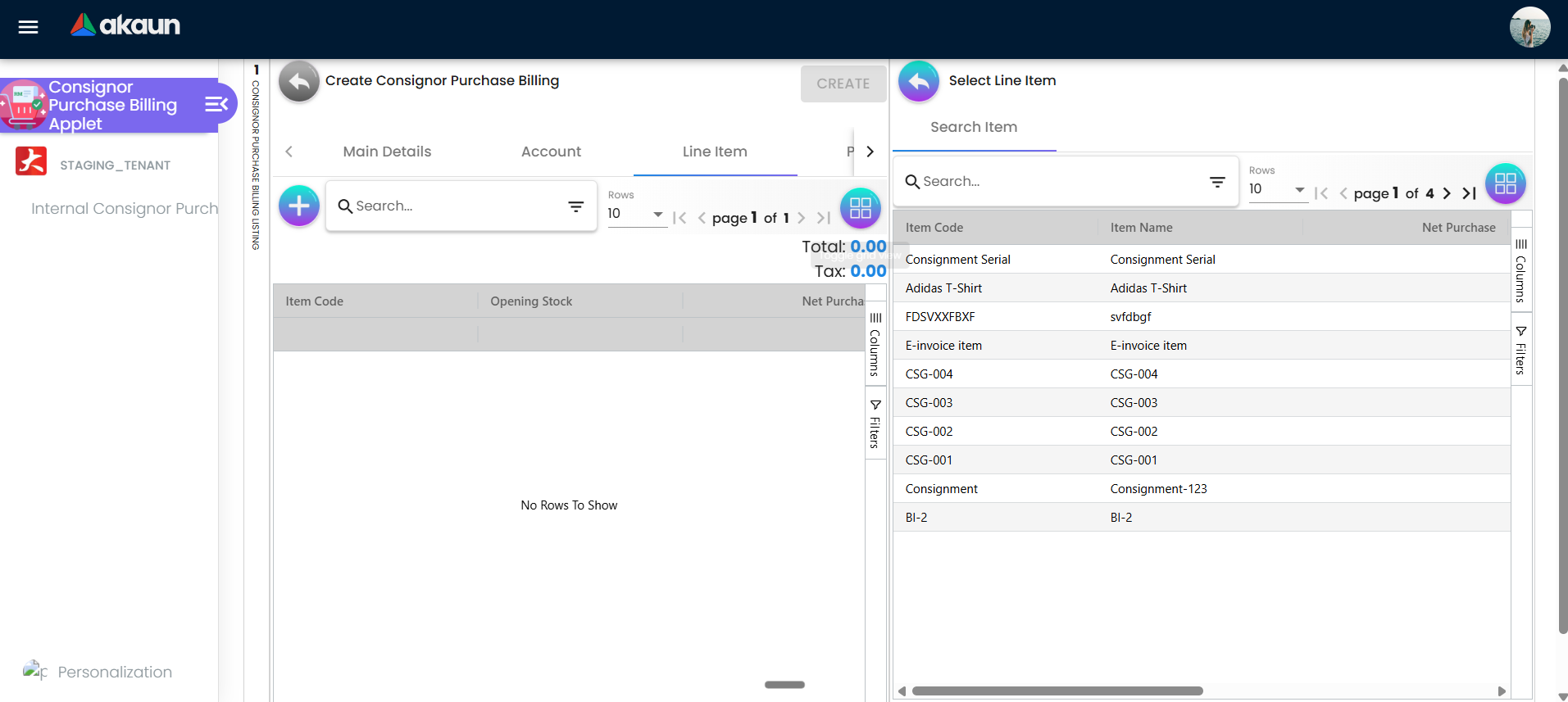 Line Item tab showing Add Item flow, item details, totals and tax summary above the line grid