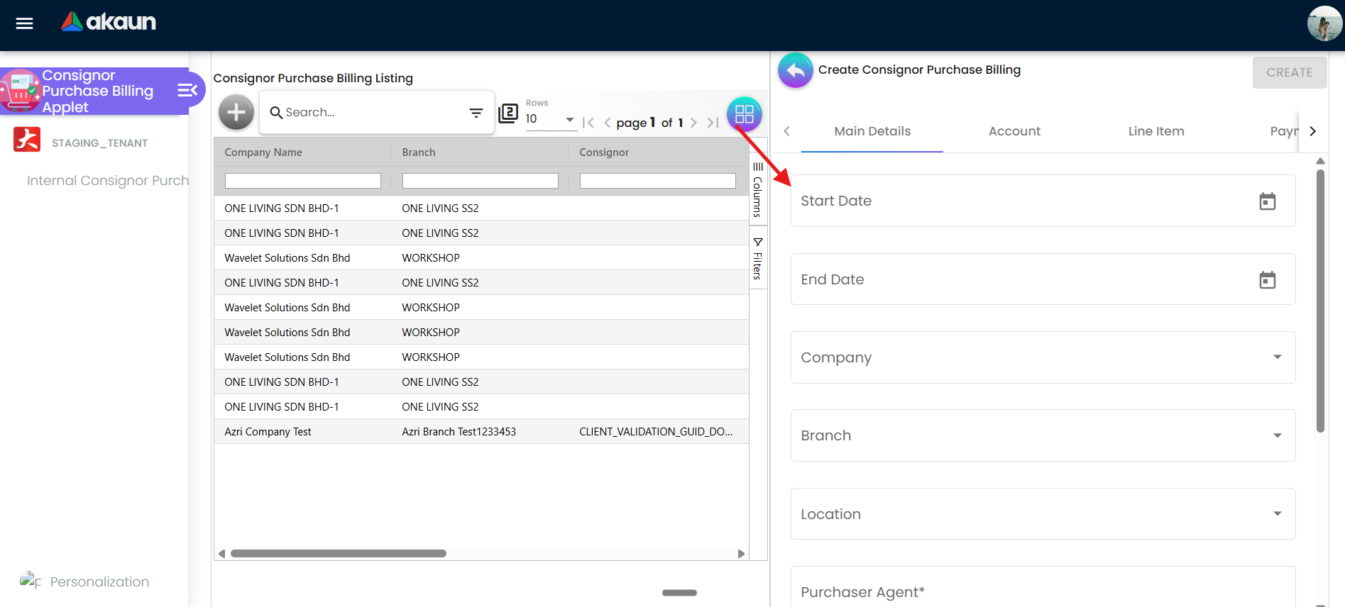 Create Consignor Purchase Billing screen showing Main Details tab, other tabs, and CREATE button