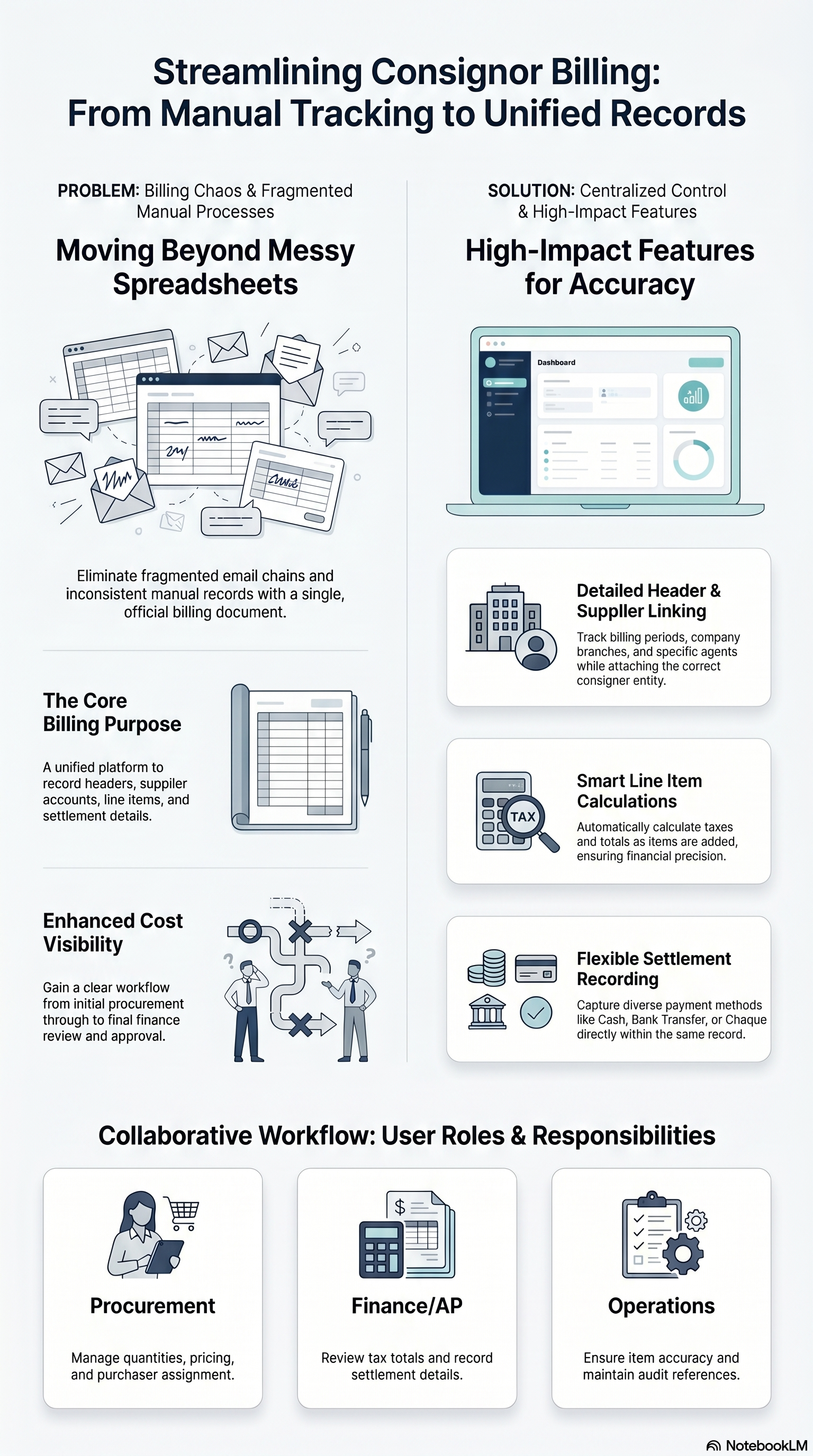 Overview infographic for Internal Consignor Purchase Billing: listing, document tabs, lines, payments, and related consignment context