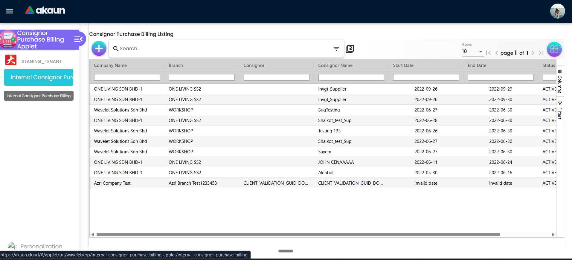 Consignor Purchase Billing Listing with grid columns, search, and Create button