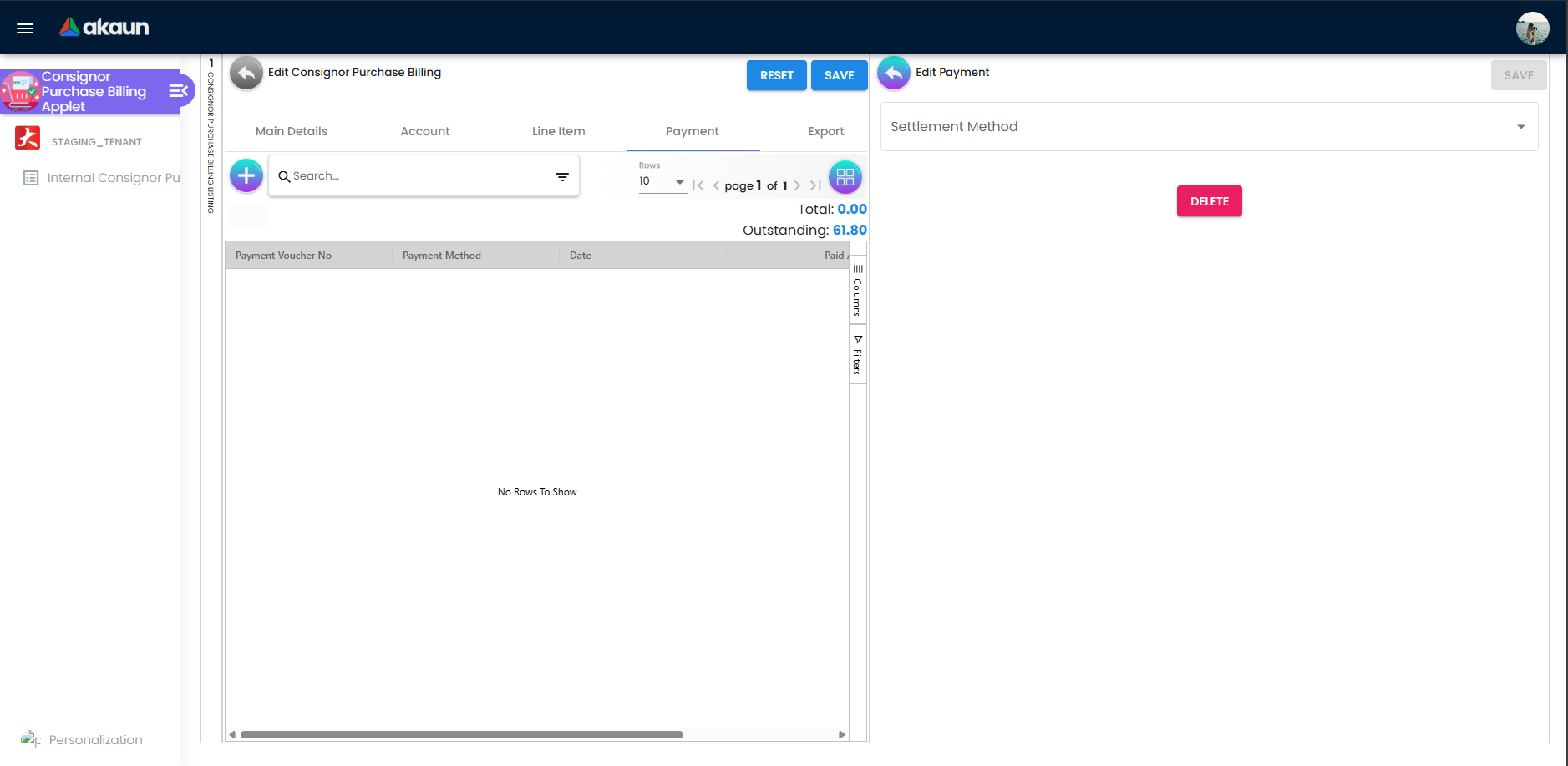 Payment tab on Edit Consignor Purchase Billing showing Total and Outstanding, with Add Payment and settlement method selector