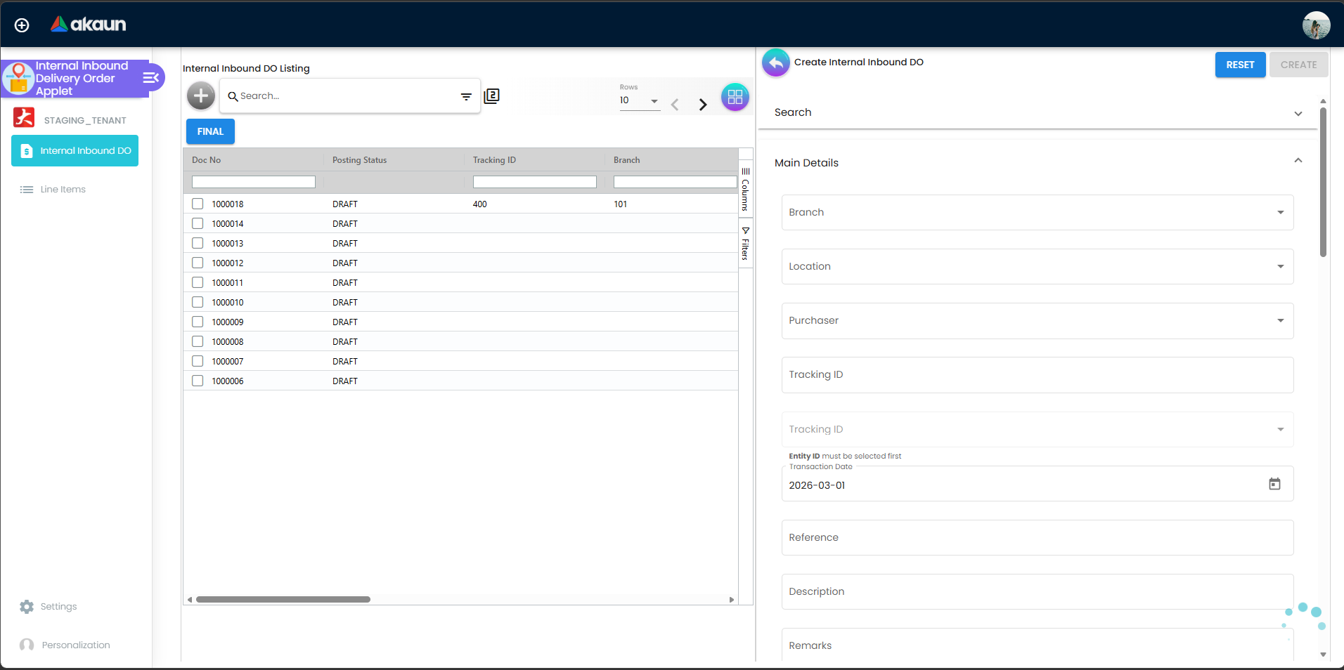 Create Internal Inbound DO