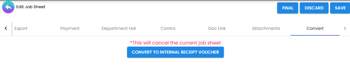 Convert Tab - one-click conversion of jobsheet to receipt voucher