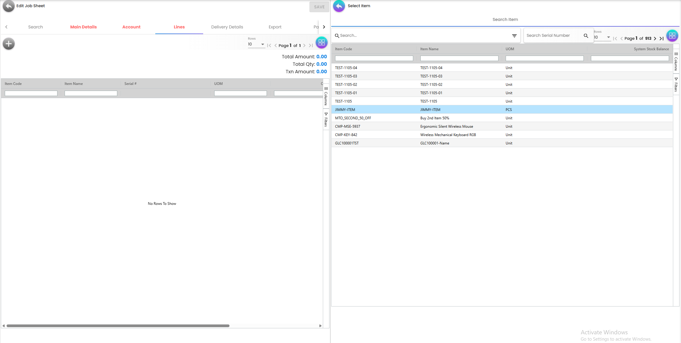 Lines Tab - detailed breakdown of services performed, parts used, and labor hours