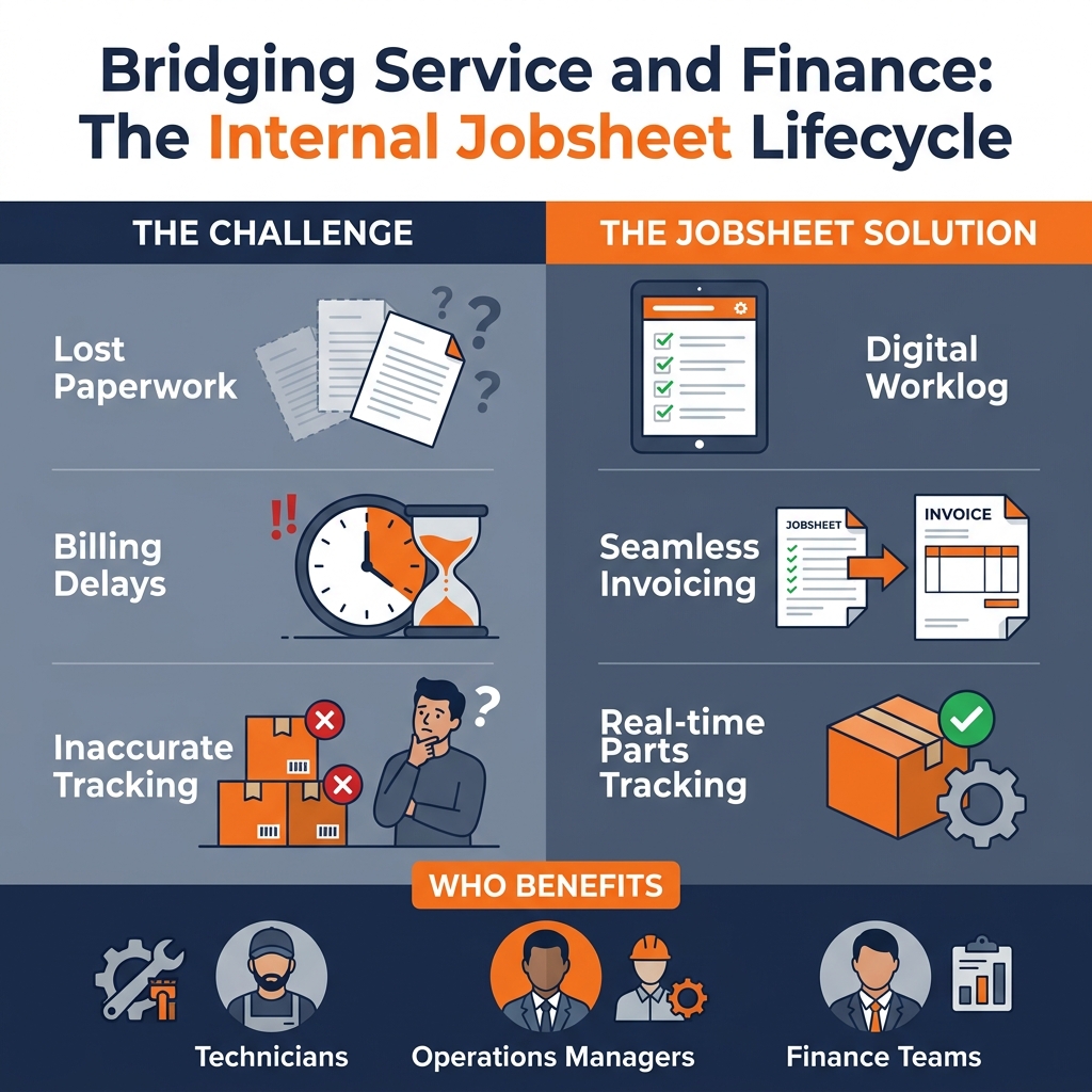 Internal Jobsheet Applet Overview - Challenges (lost paperwork, billing delays, inaccurate tracking), Solution (digital worklog, seamless invoicing, real-time parts tracking), and User Roles (Technicians, Operations Managers, Finance Teams)