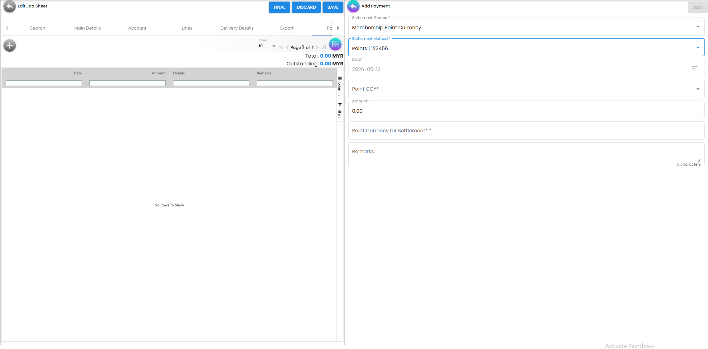 Payment Tab - recording deposits and direct payments received against the job