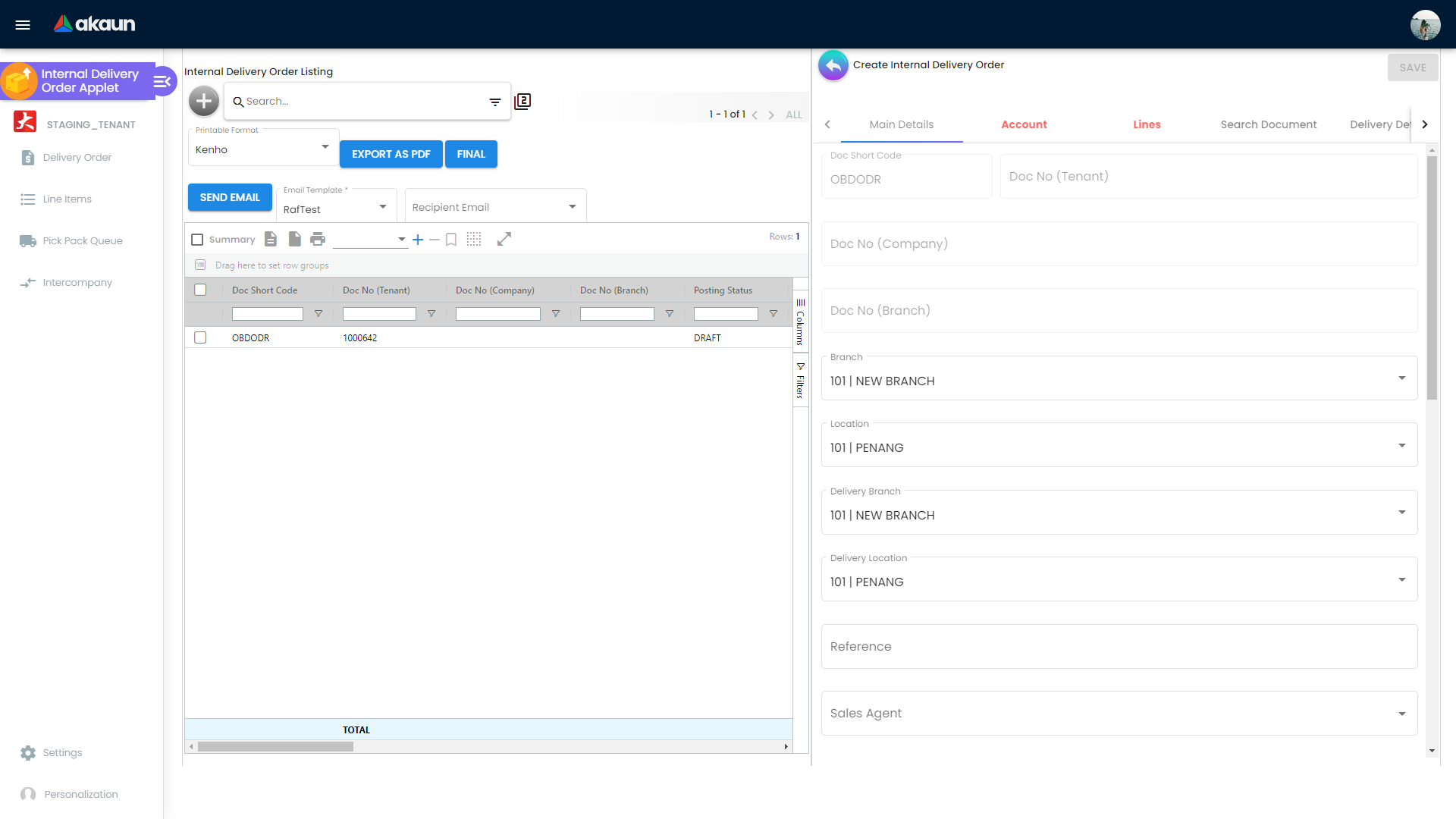 Create Internal Delivery Order form with main details, account, lines, and delivery tabs