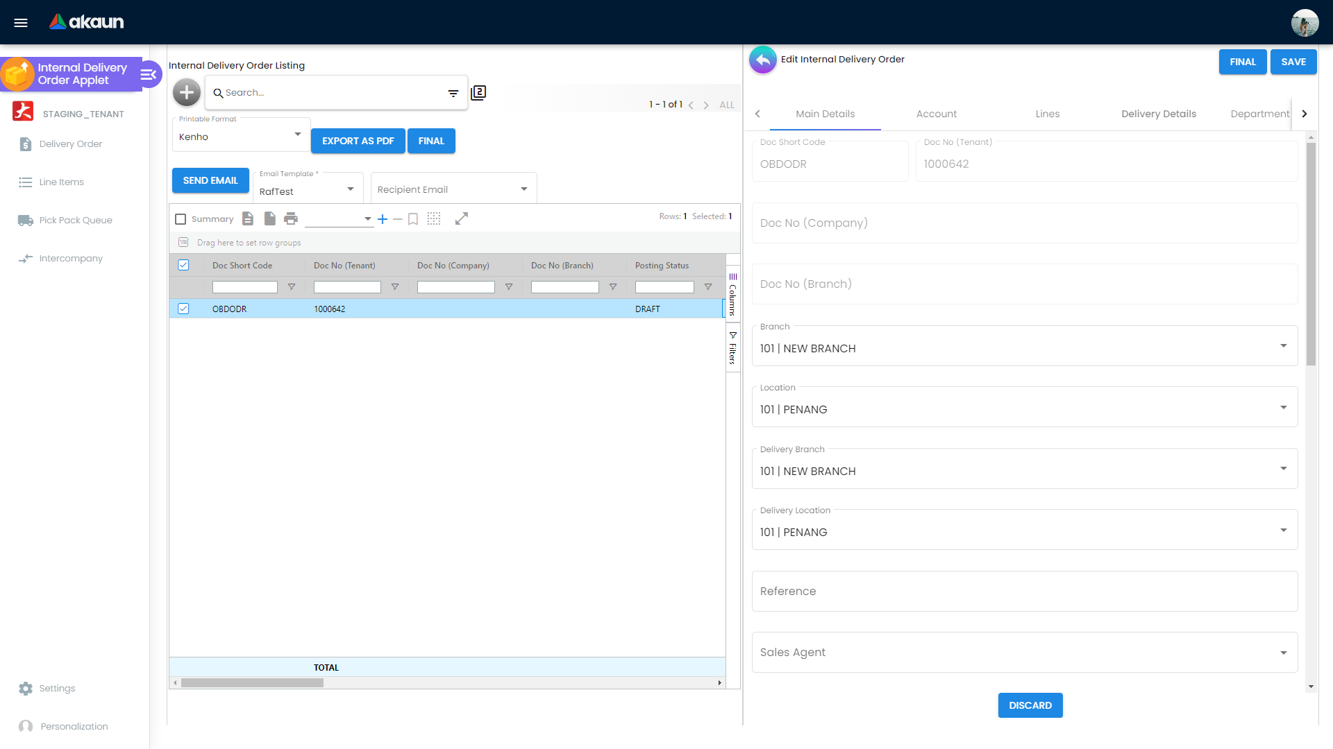 Edit Internal Delivery Order form with action buttons for final, void, save, and close