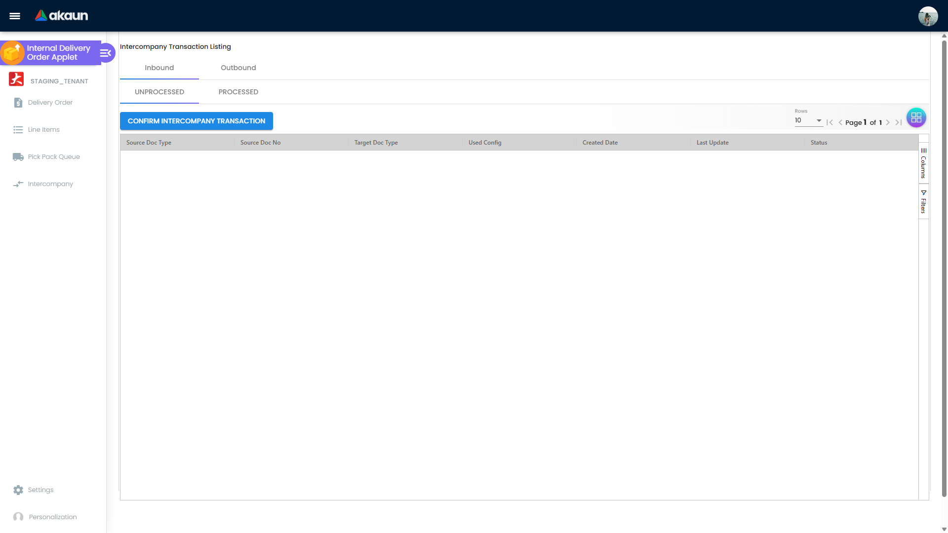 Intercompany Transaction listing with inbound and outbound processing tabs