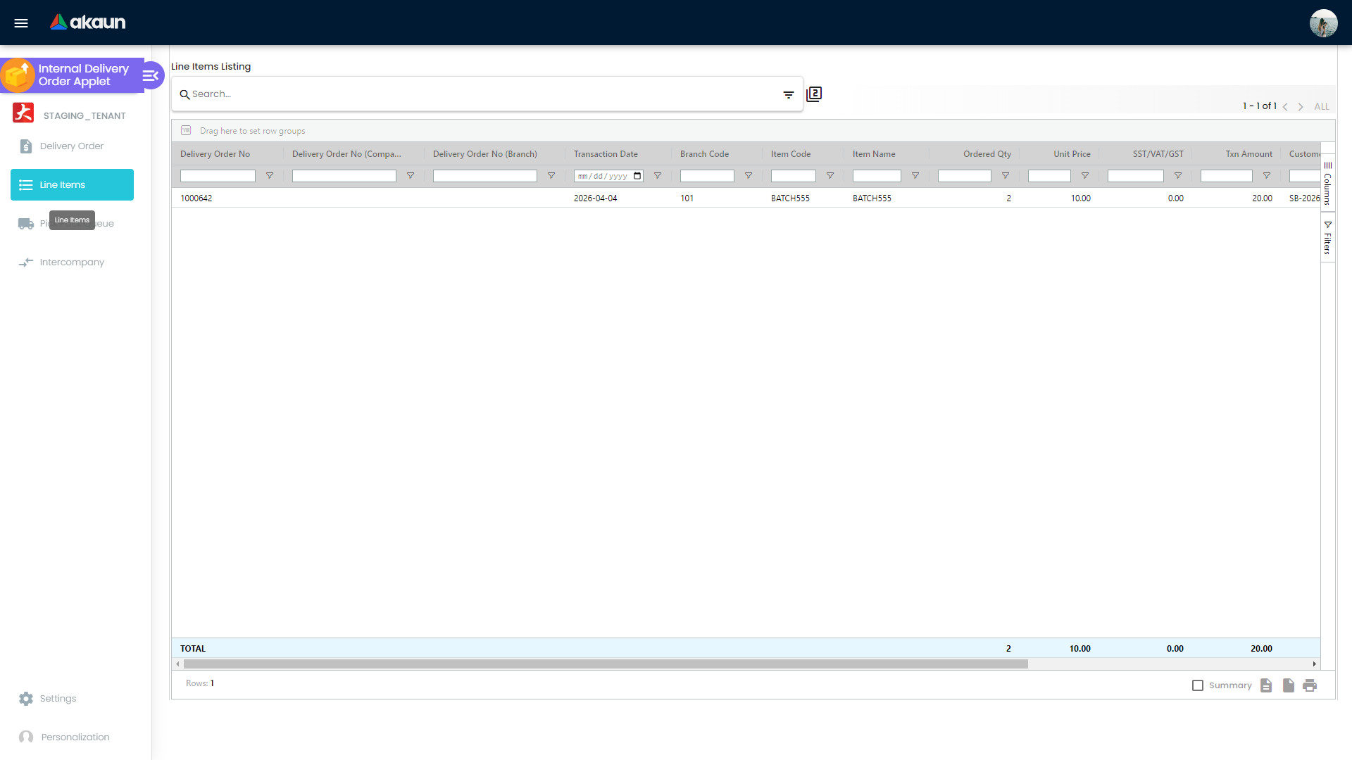 Line Items listing report showing outbound delivery order line-level quantities and amounts