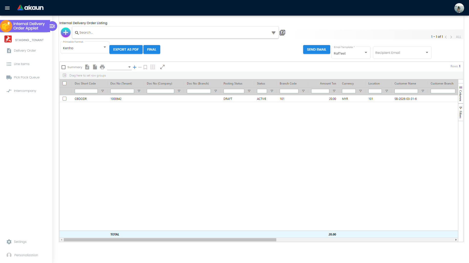 Internal Delivery Order listing page with search tools, action buttons, and delivery order grid