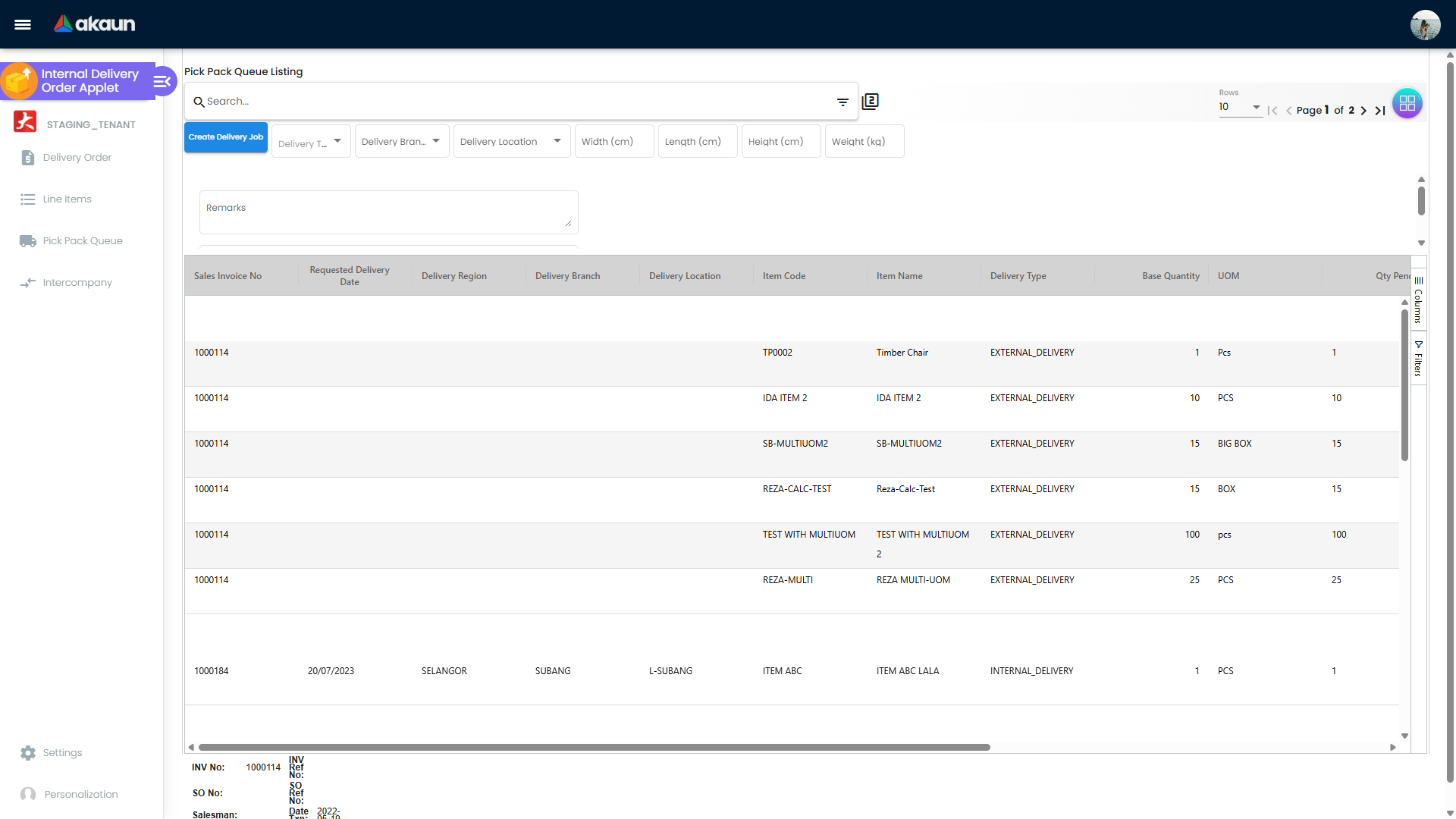 Pick Pack Queue listing with line selection, quantity fields, and delivery job execution controls