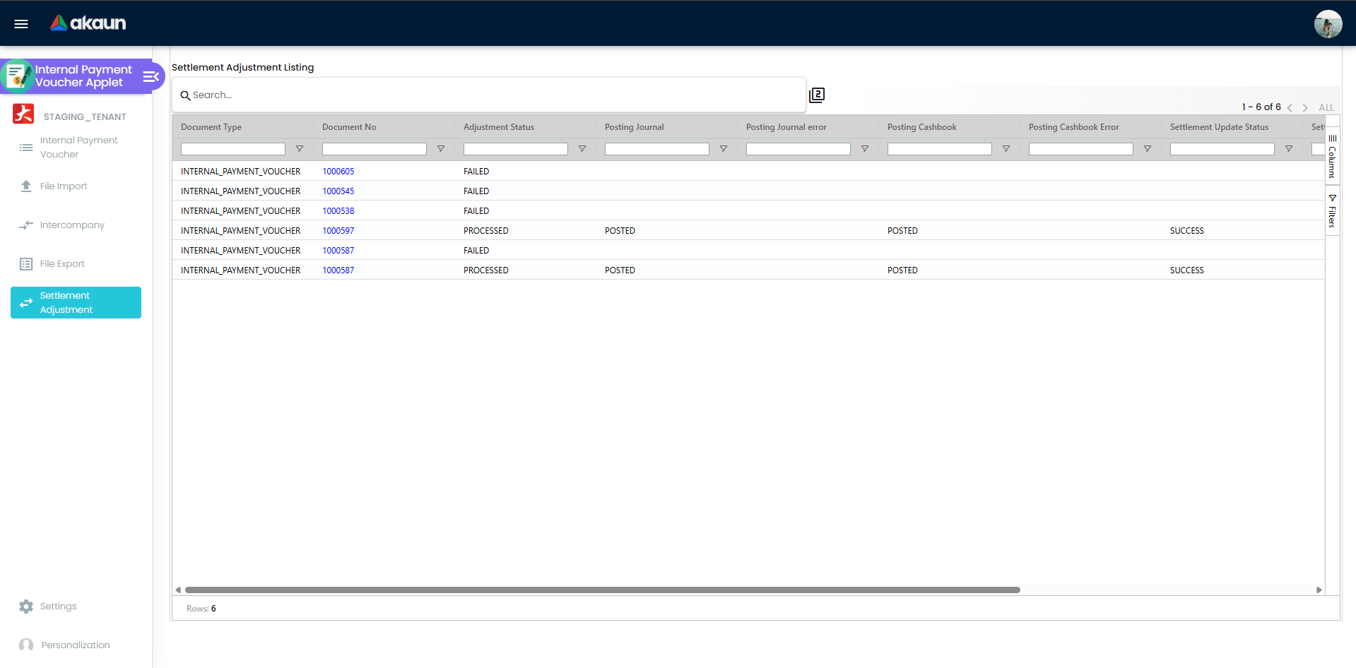 Settlement Adjustment listing