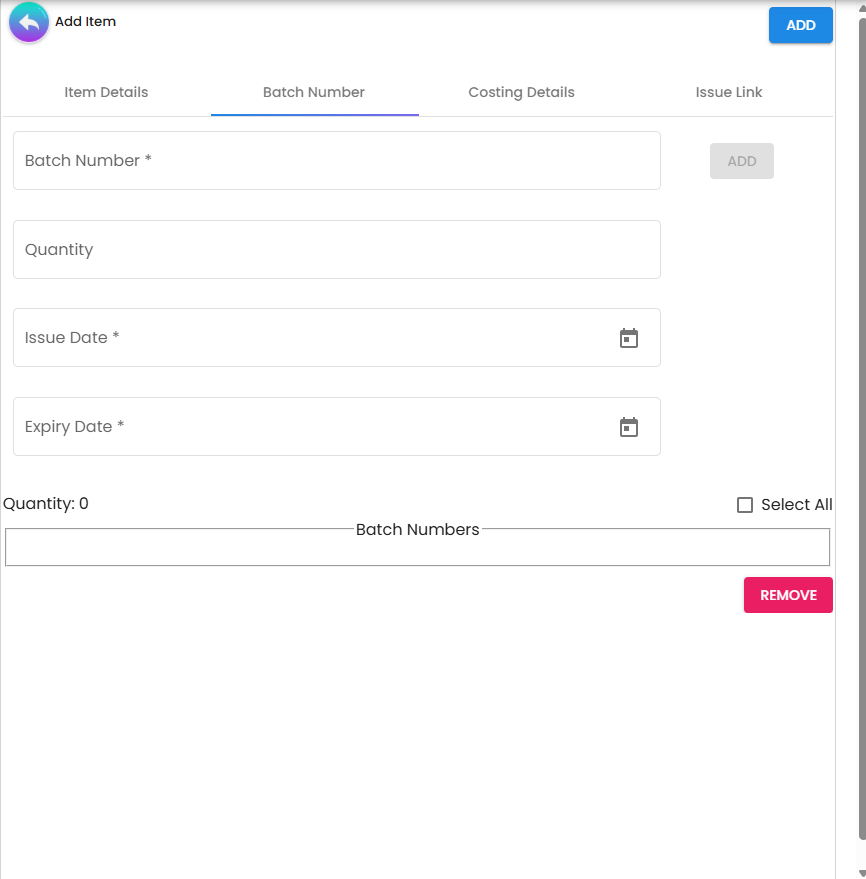 Add Item form - Batch Number