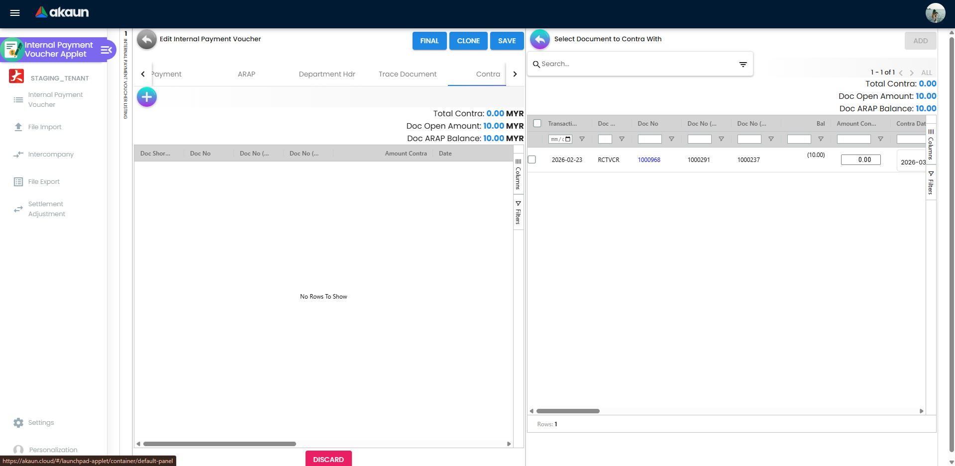 Select document to contra