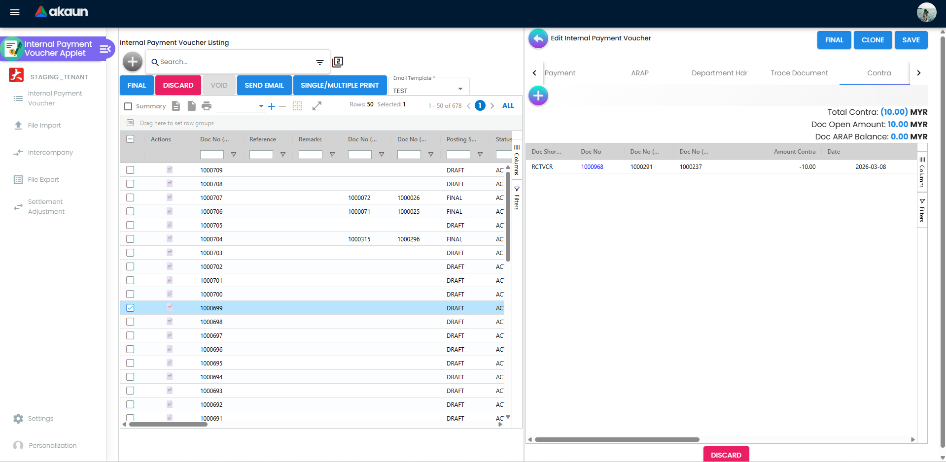 Contra tab in voucher edit