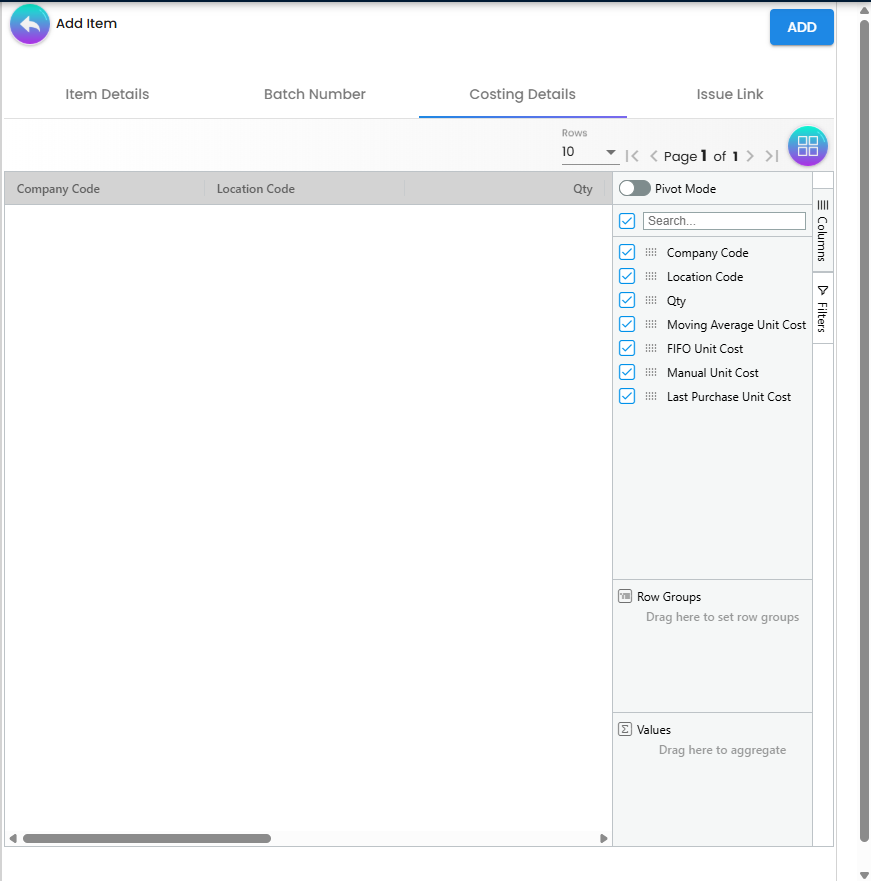 Add Item form - Costing Details