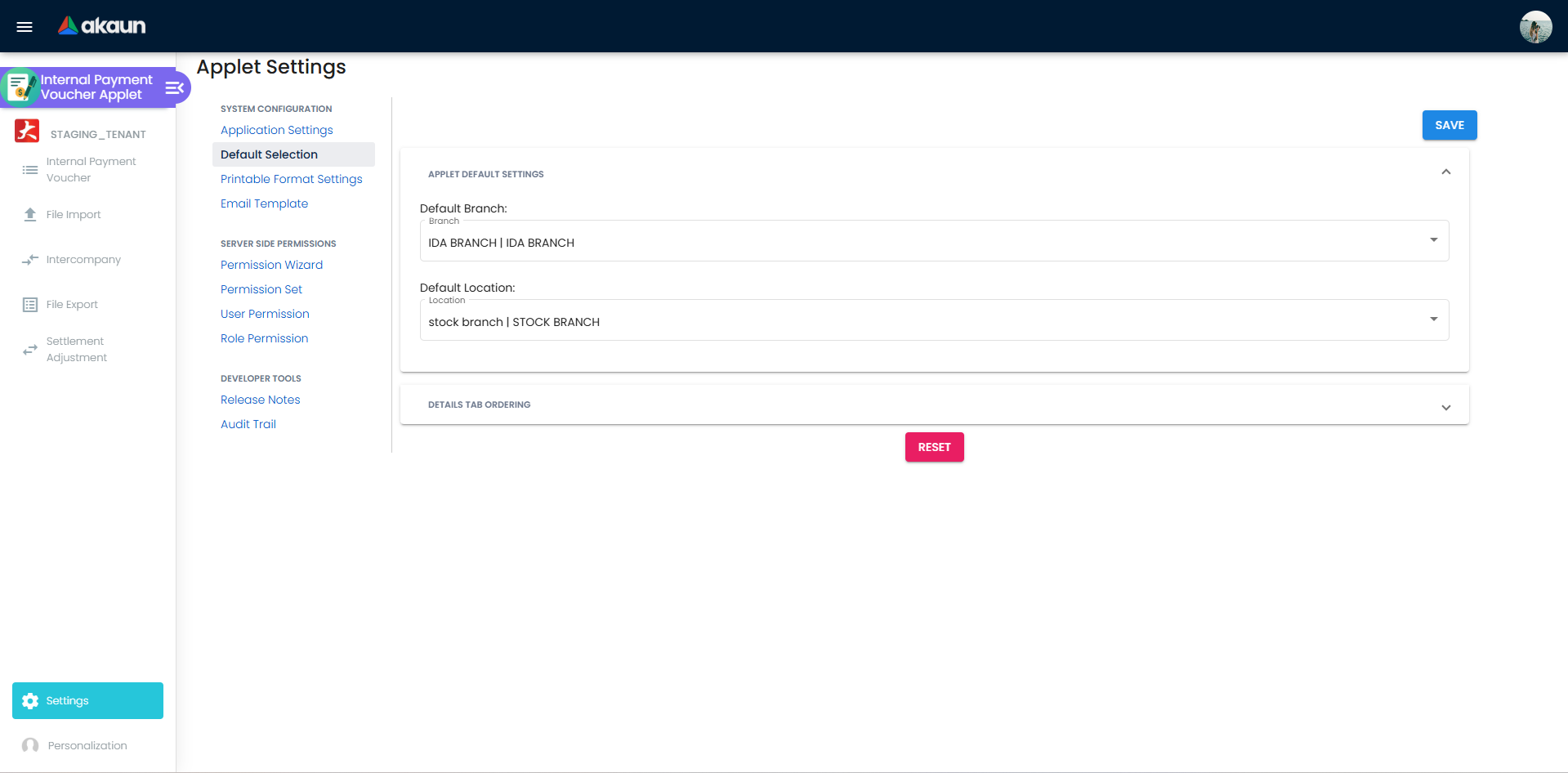 Default Selection settings