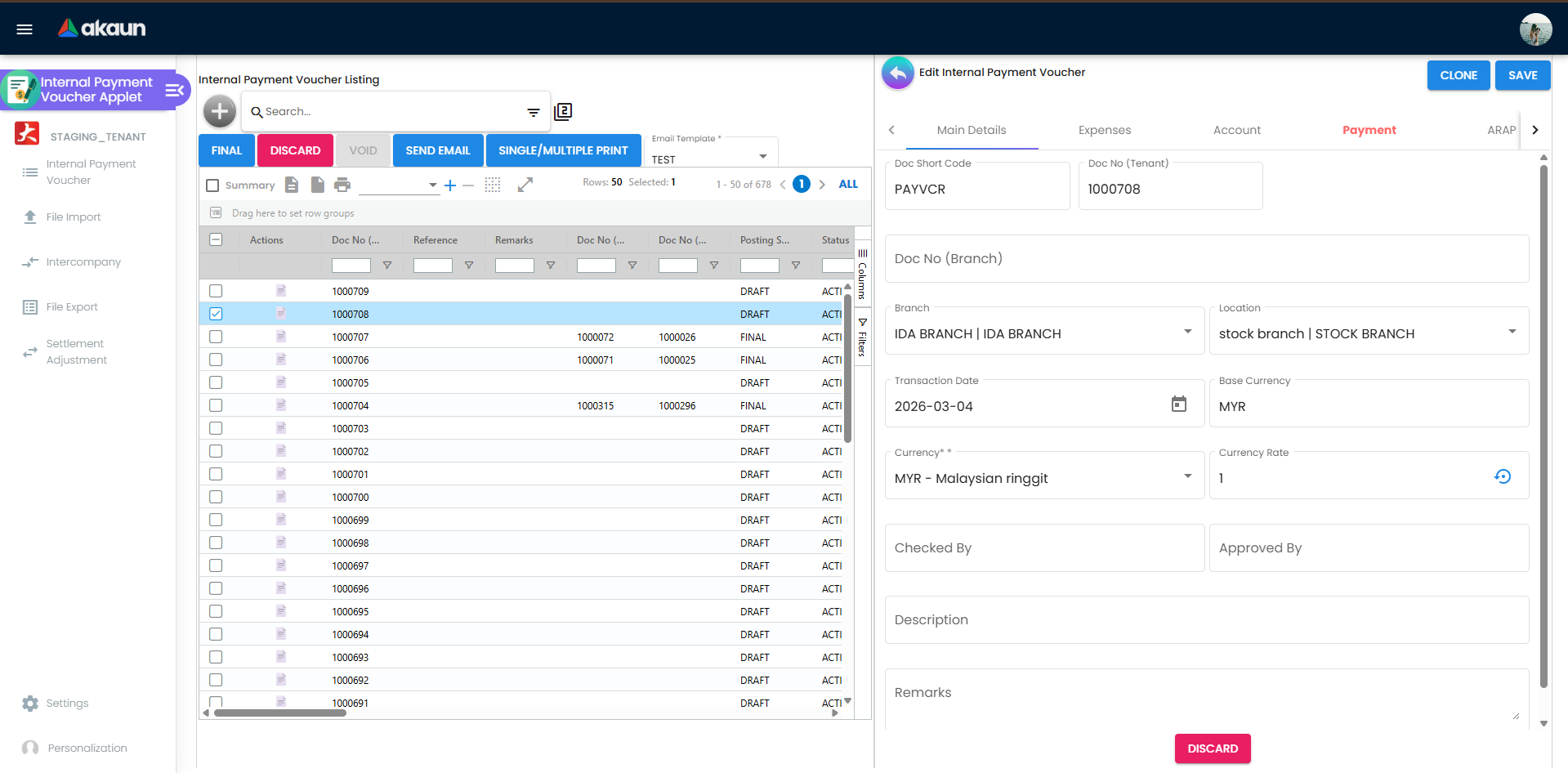 Edit Internal Payment Voucher - Main Details