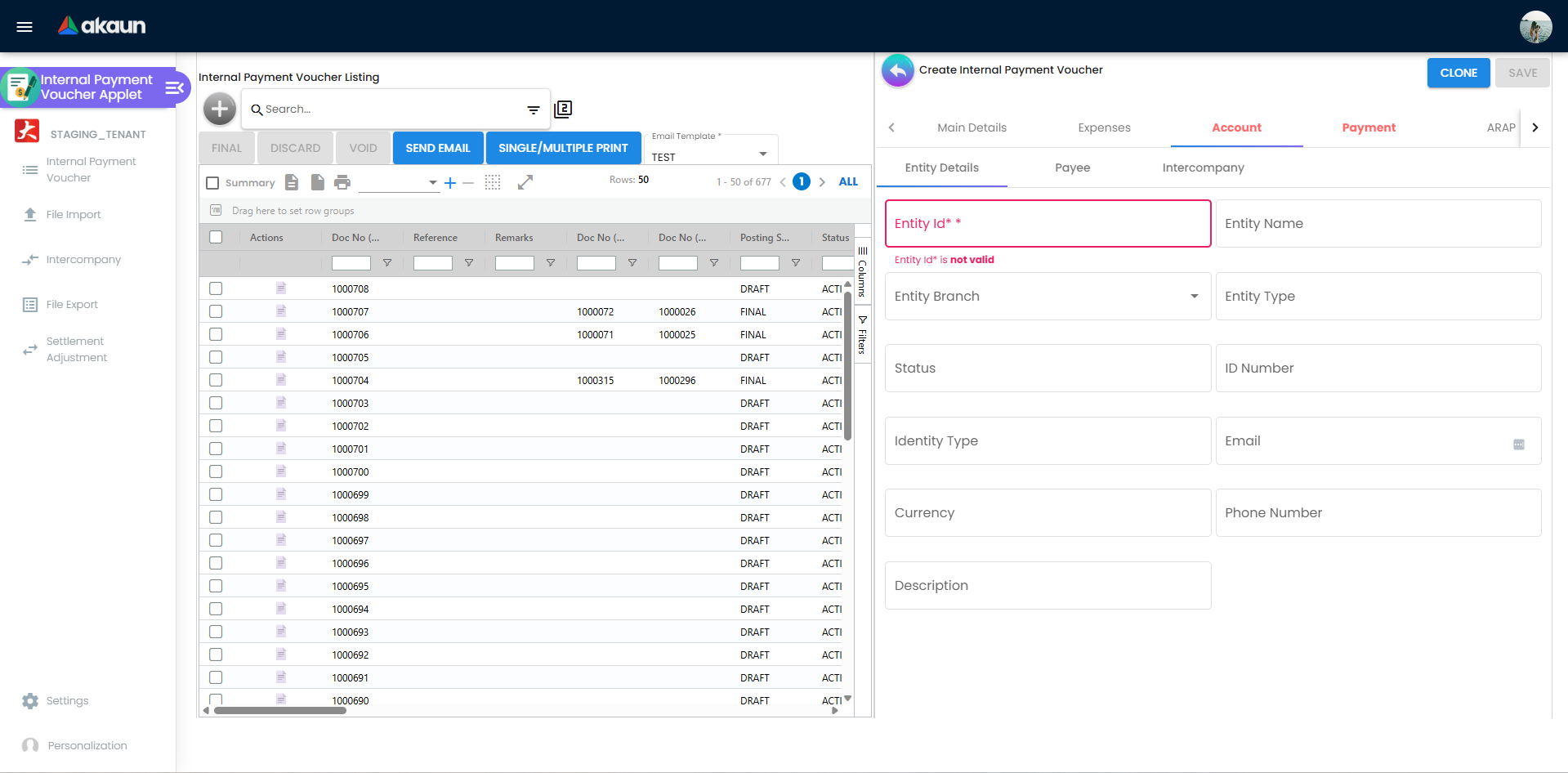 Account tab with Entity Details