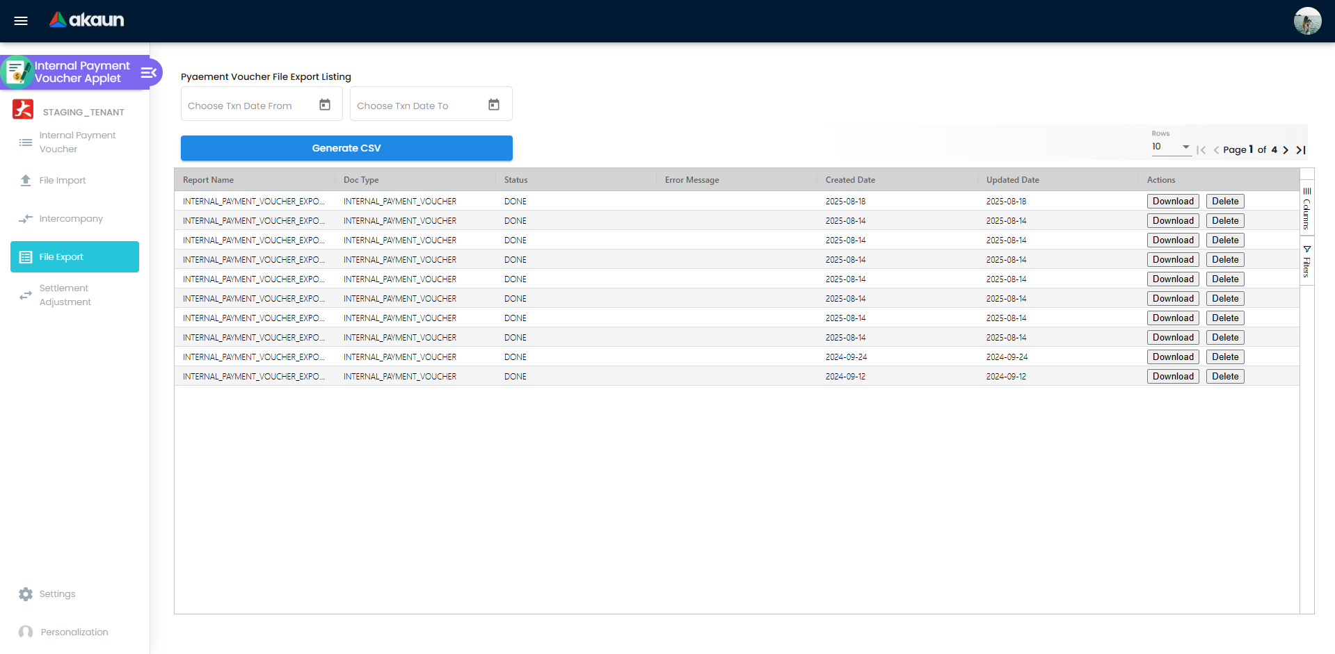 Payment Voucher File Export listing