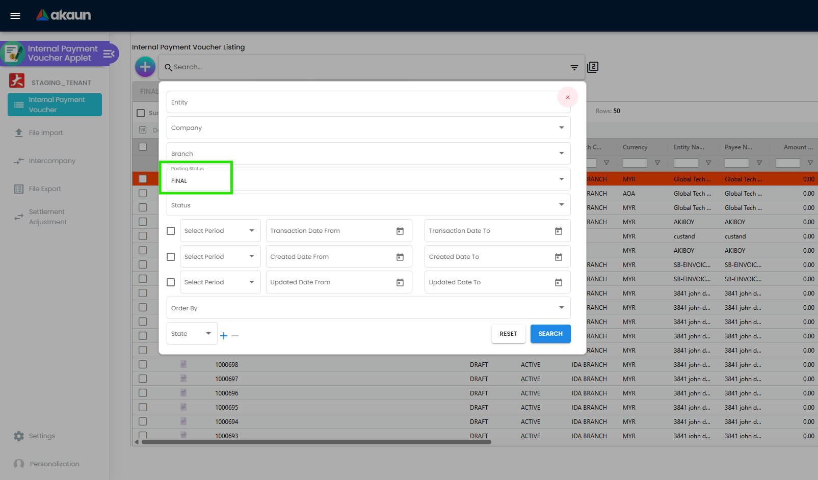 Search Filter for Posting Status FINAL