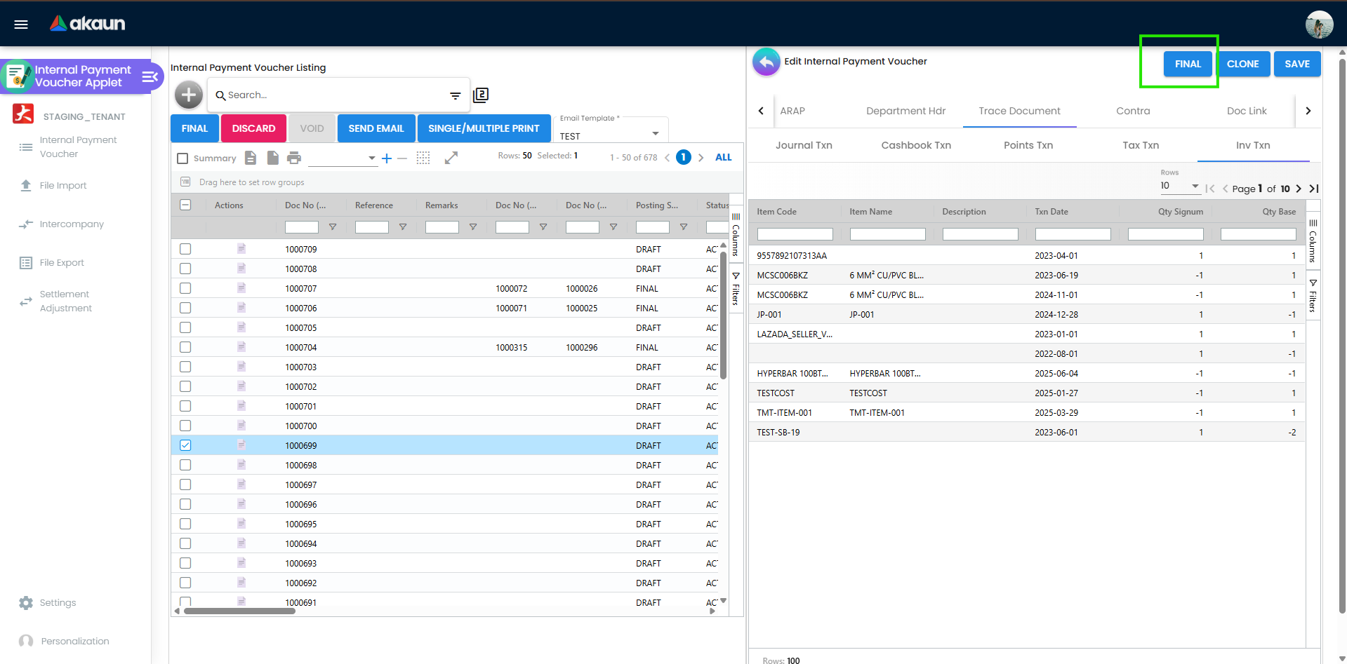 Final action in Trace Document view