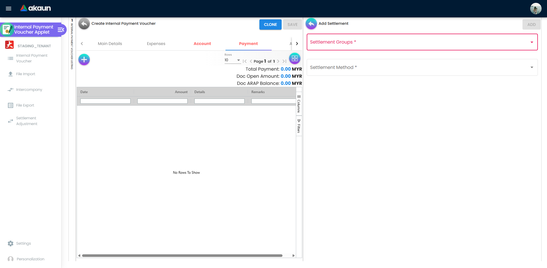 Add Settlement drawer