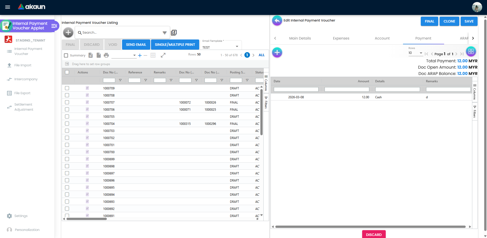 Payment lines with totals