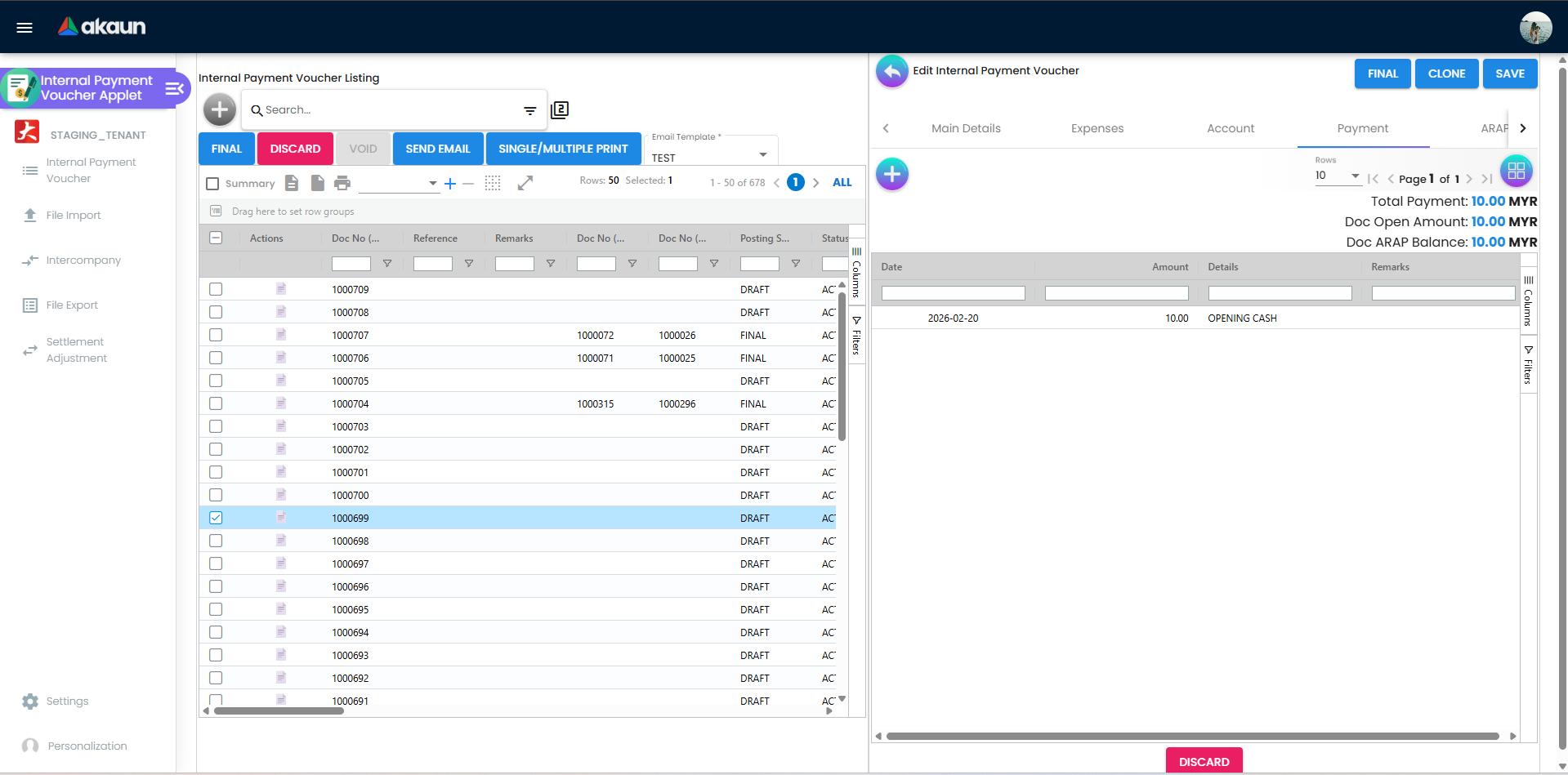 Payment tab in edit view