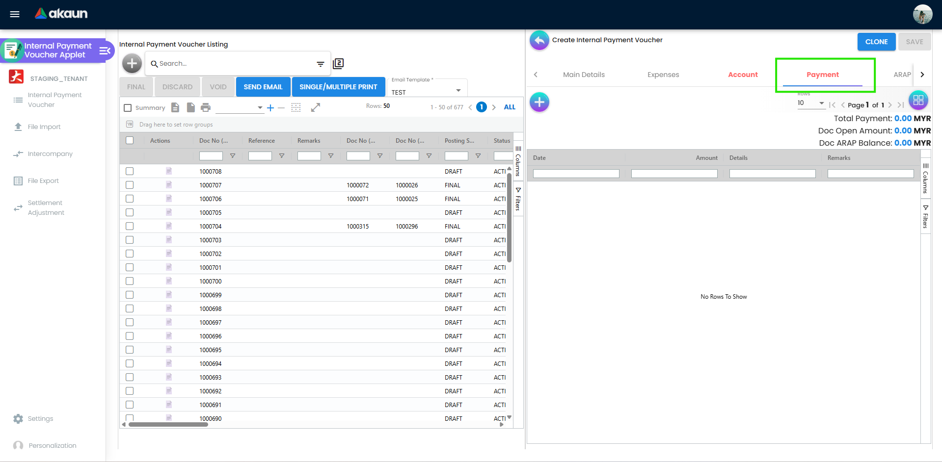 Payment tab in voucher edit