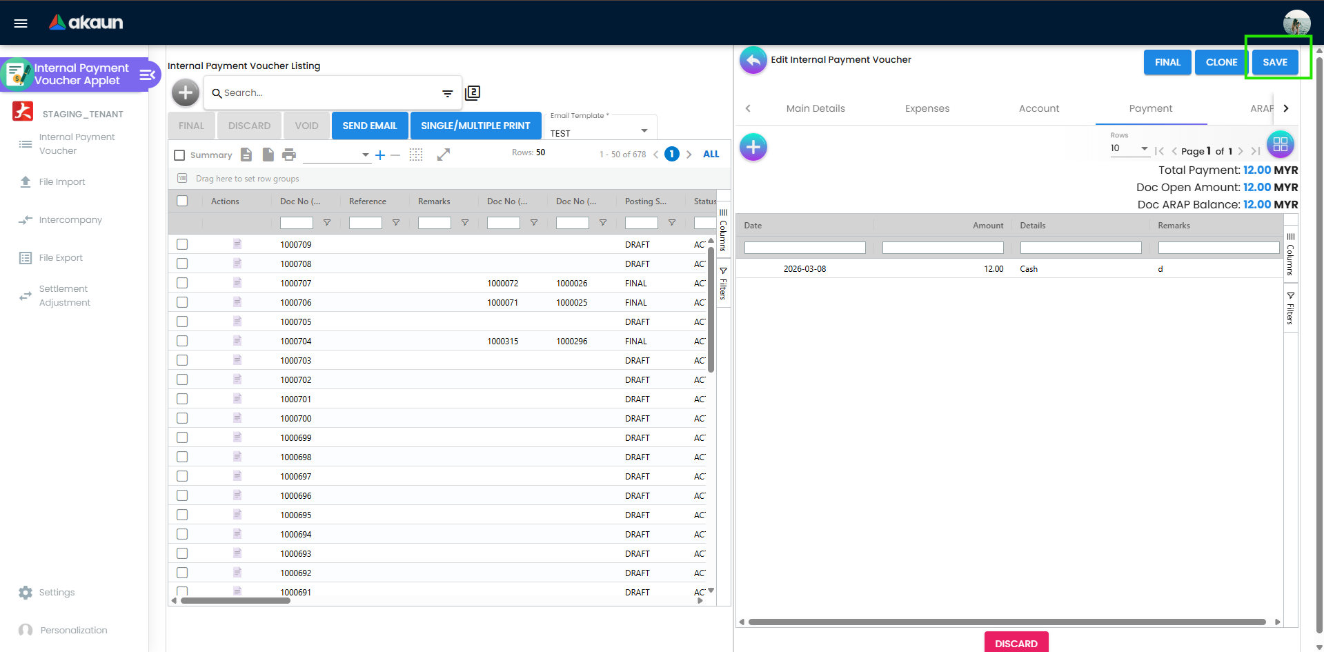Save action in voucher edit