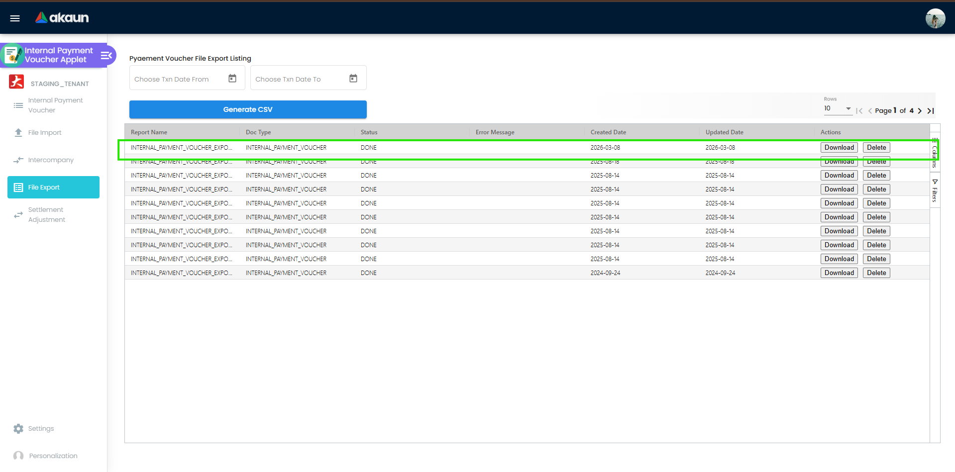 Generated export entry