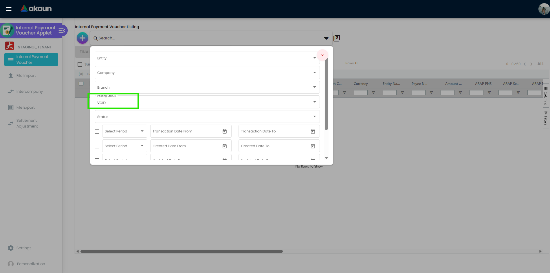 Search recent VOID Payment Voucher