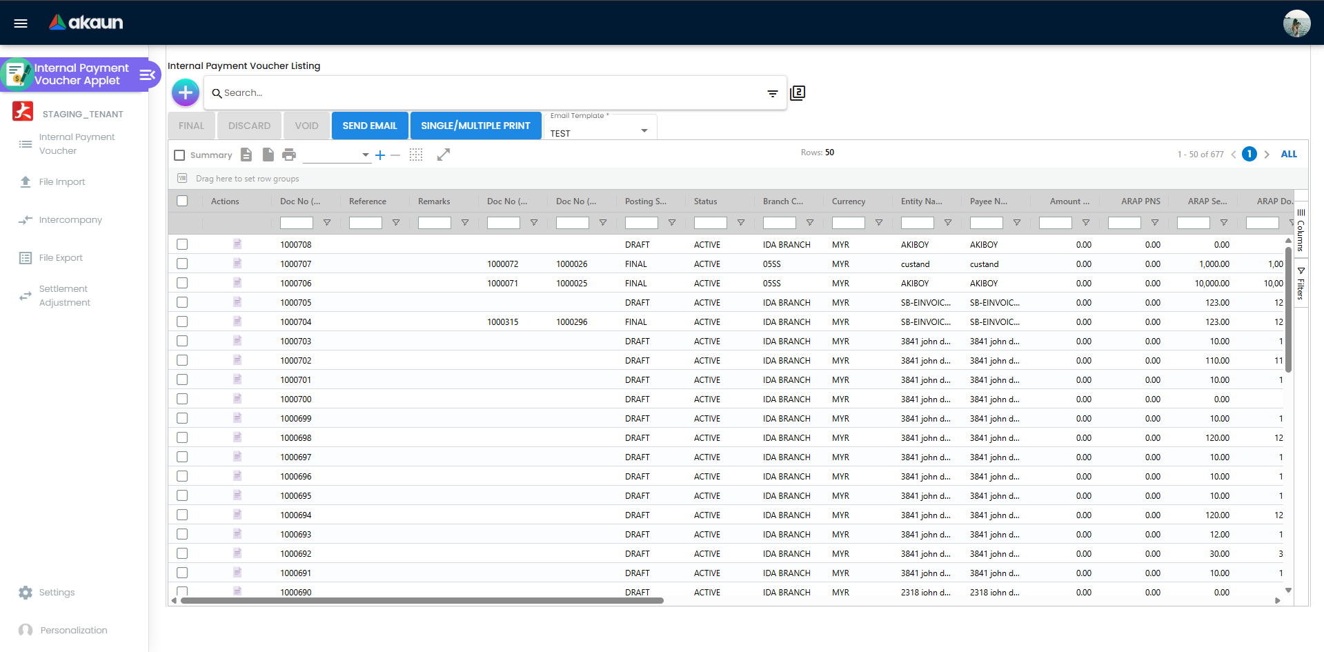Internal Payment Voucher listing