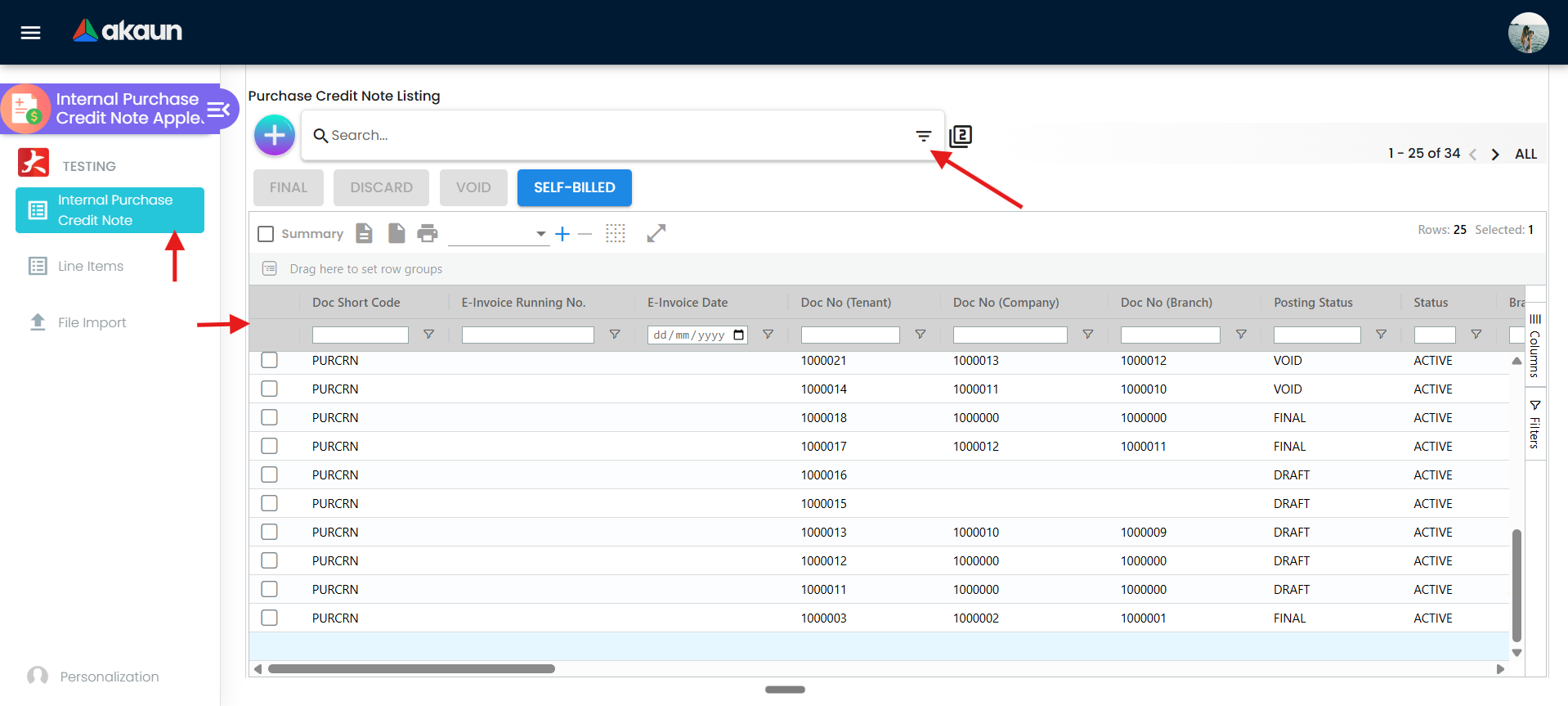 Purchase Credit Note (Internal) listing with search and Create control
