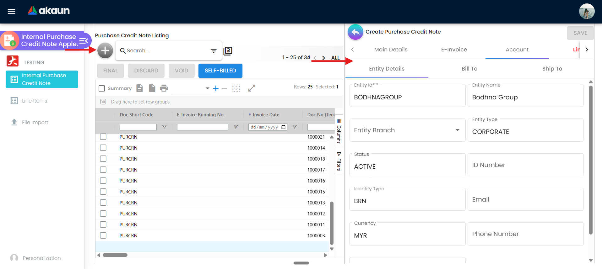 Create Purchase Credit Note screen showing Main Details or Account tab with header and supplier fields