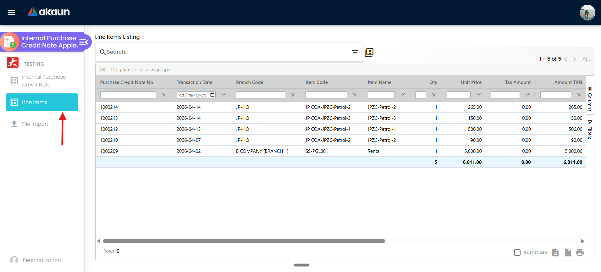 Create Purchase Credit Note Line Items tab with credit lines in the grid