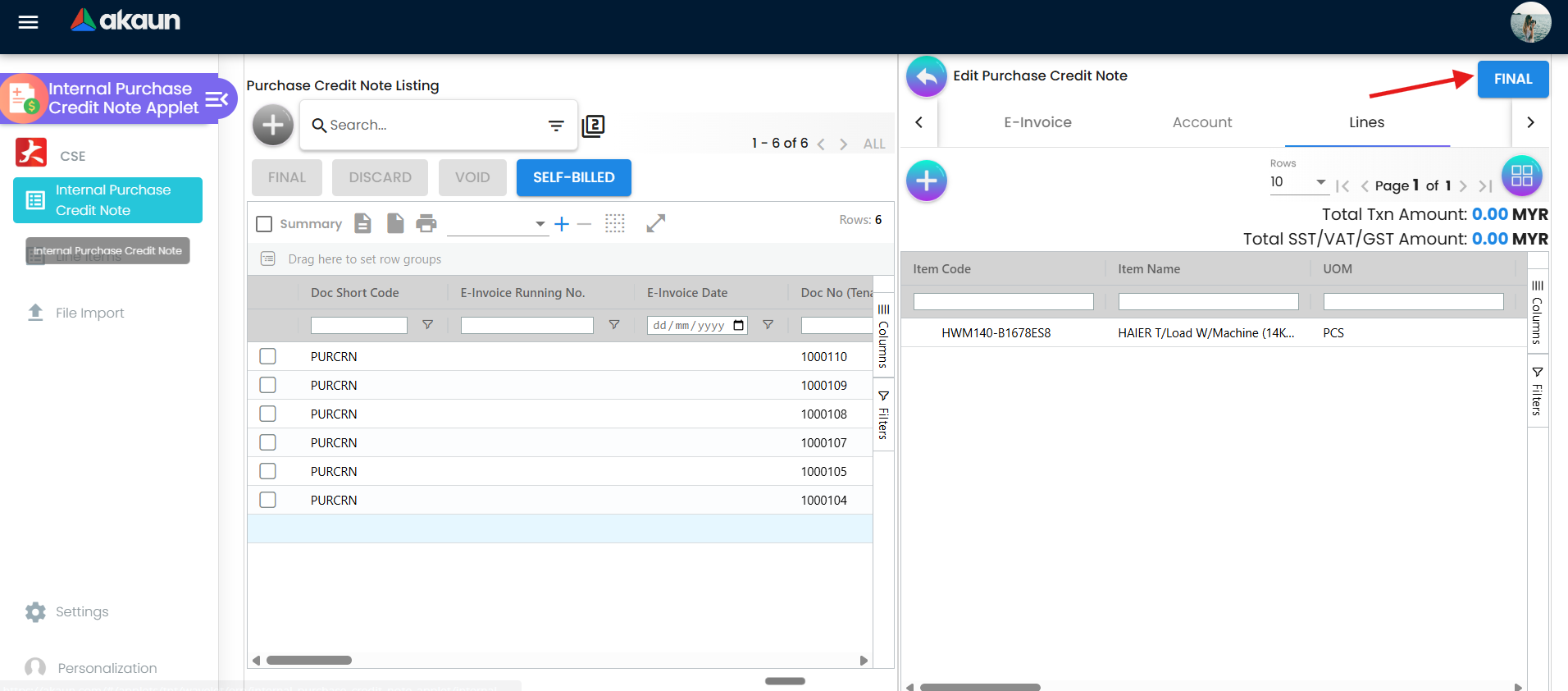 Open purchase credit note in edit mode with SAVE and FINAL in the header