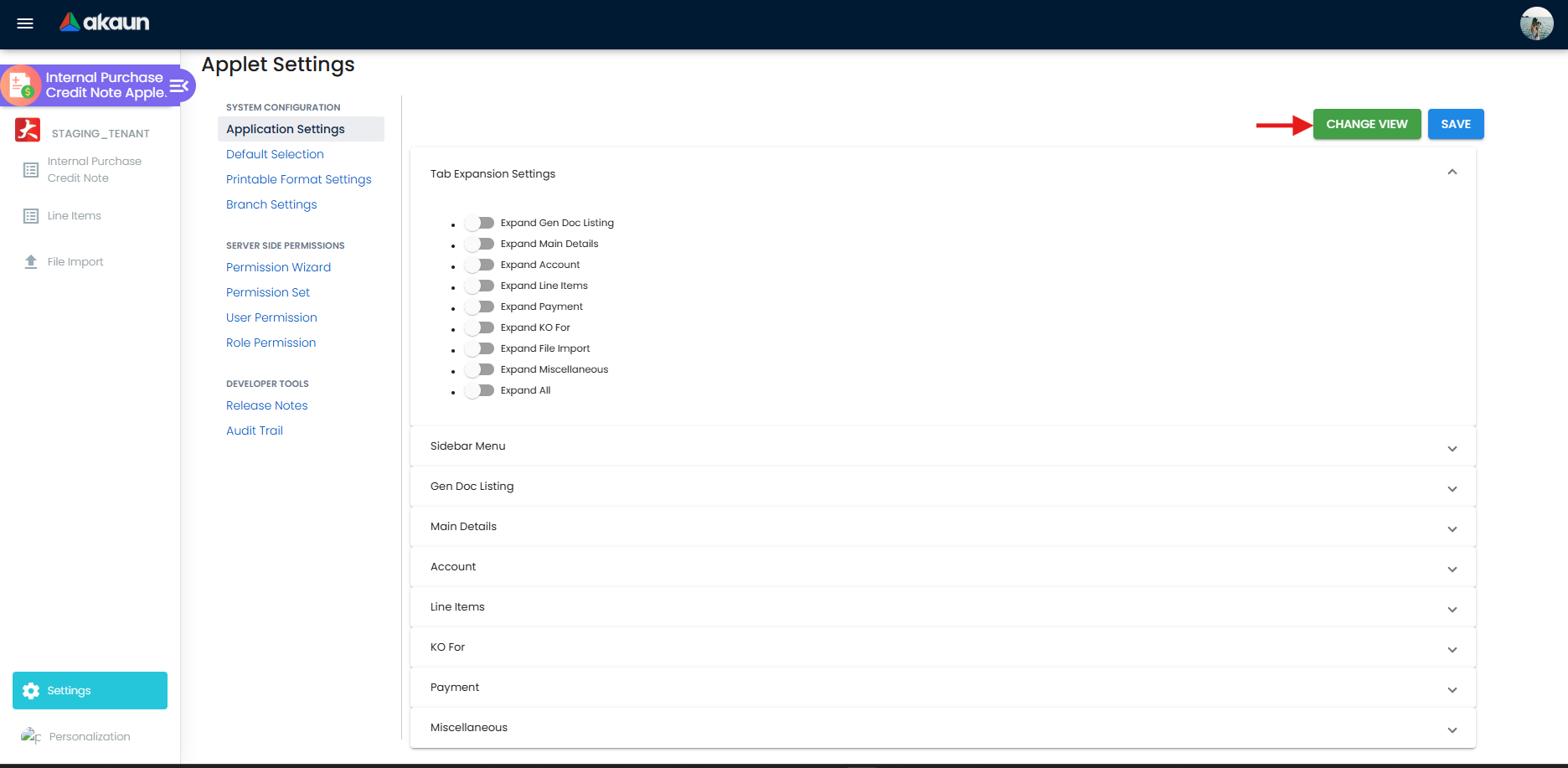 CHANGE VIEW toggle between horizontal tabs and vertical expansion panels