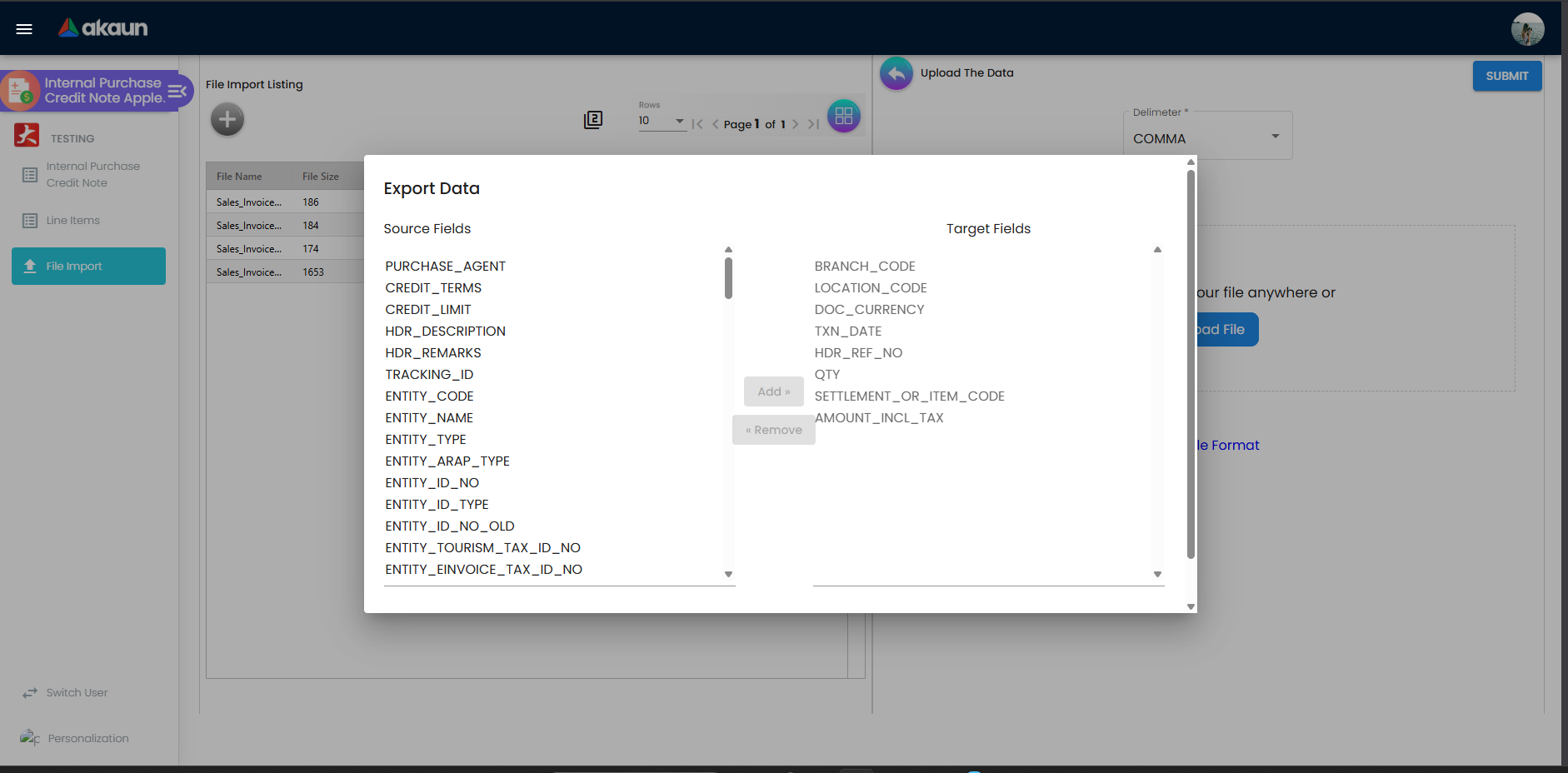 Sample Format dialog showing source fields and target fields for CSV import