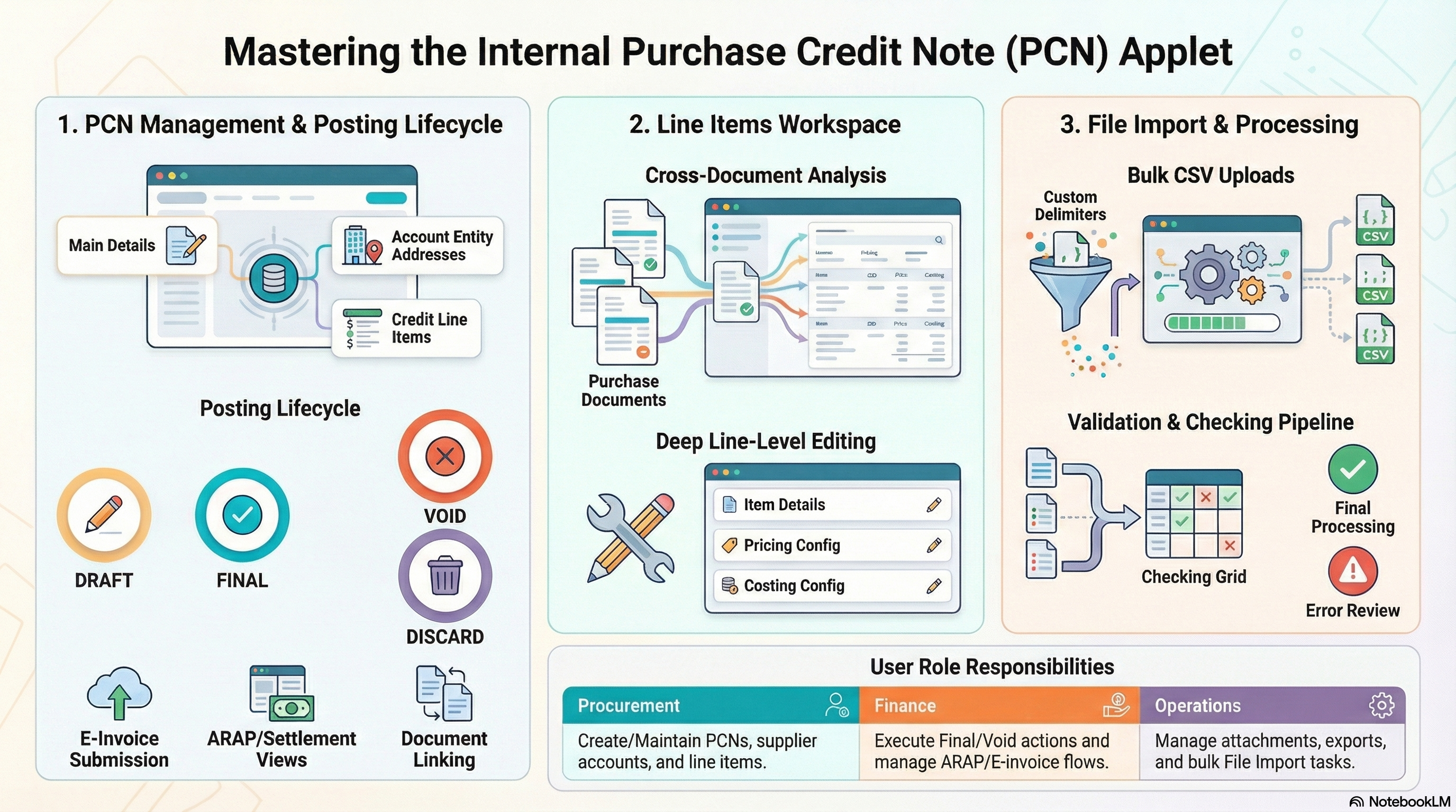 Overview of the Purchase Credit Note (Internal) Applet: documents, line items, and import