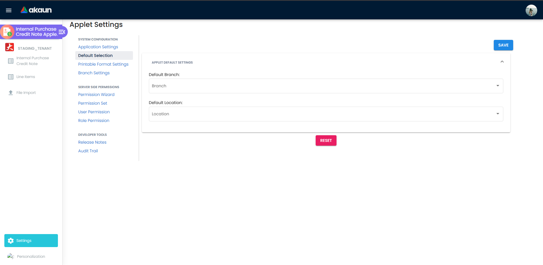 Personalization Default Selection screen