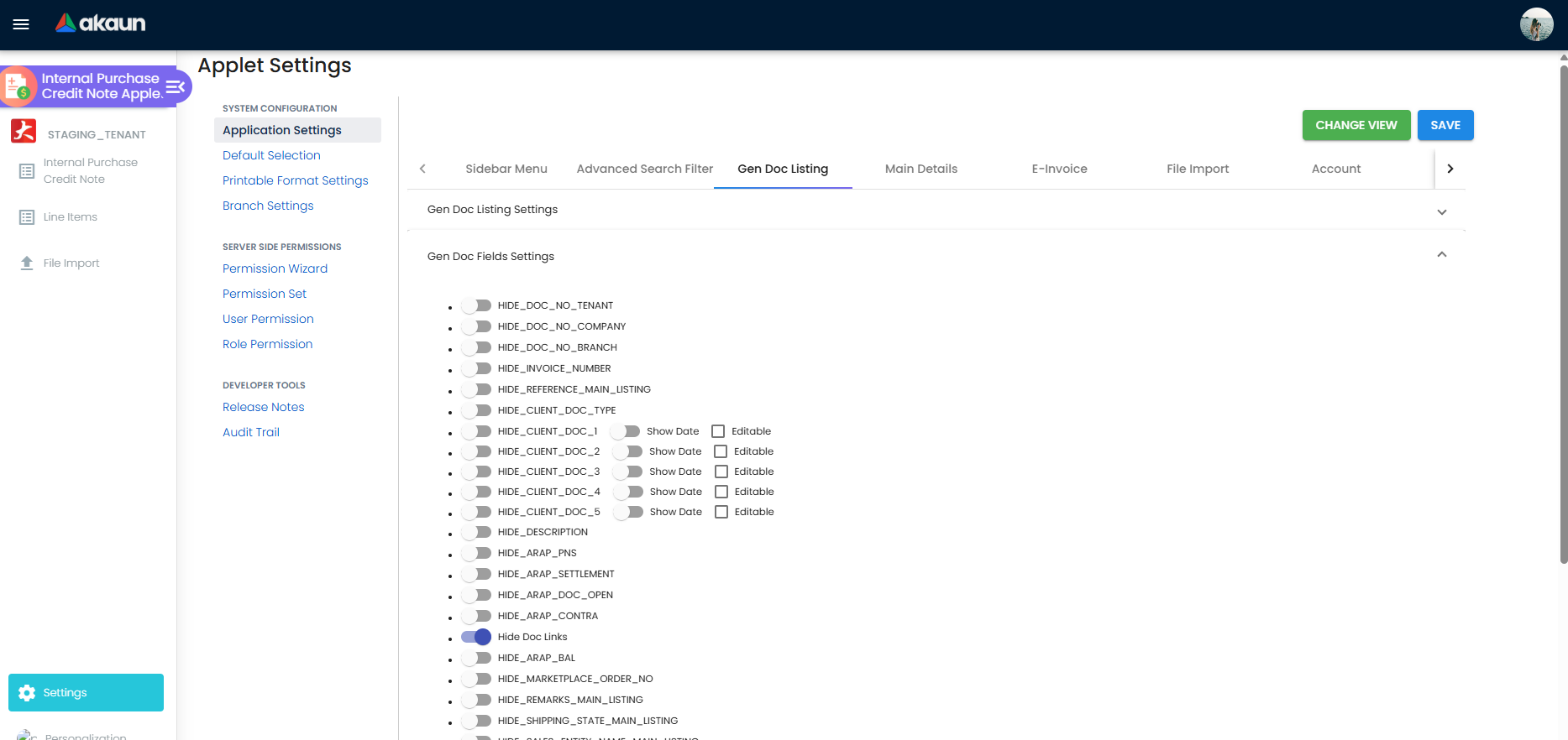 Application Settings Gen Doc Listing tab