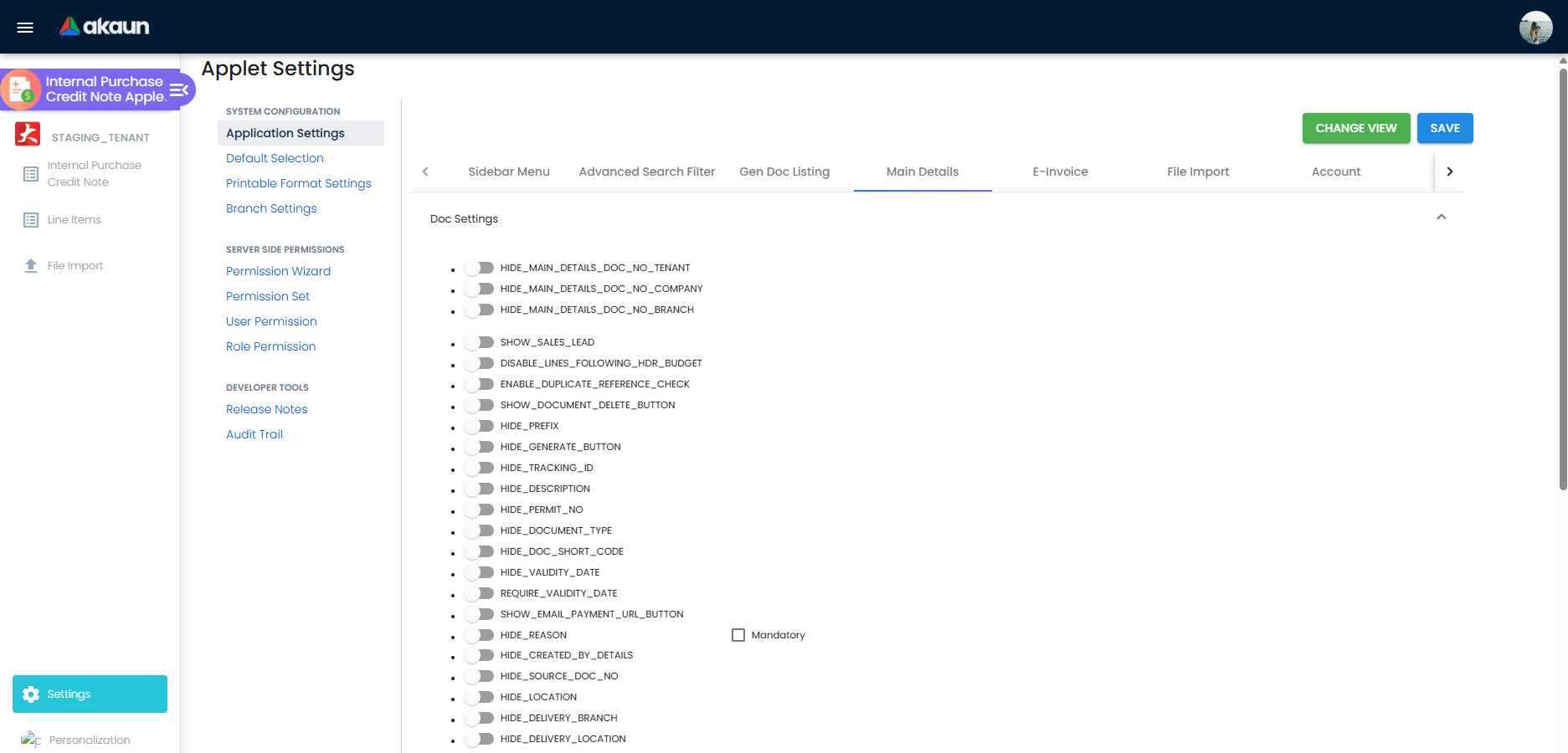 Application Settings Main Details tab