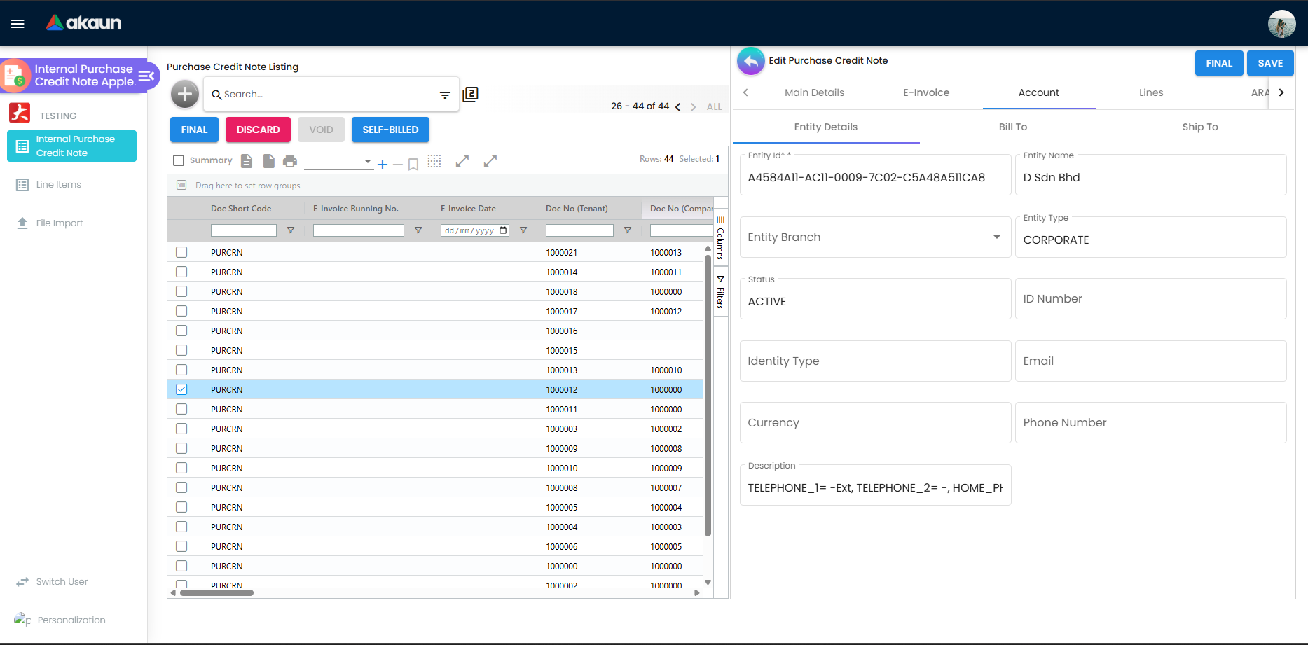 Account tab showing supplier entity details and bill-to or ship-to addresses