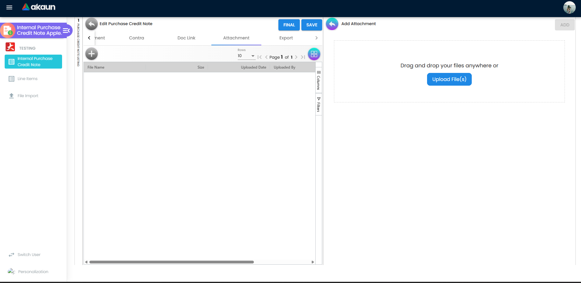 Attachment tab on purchase credit note for uploading evidence files