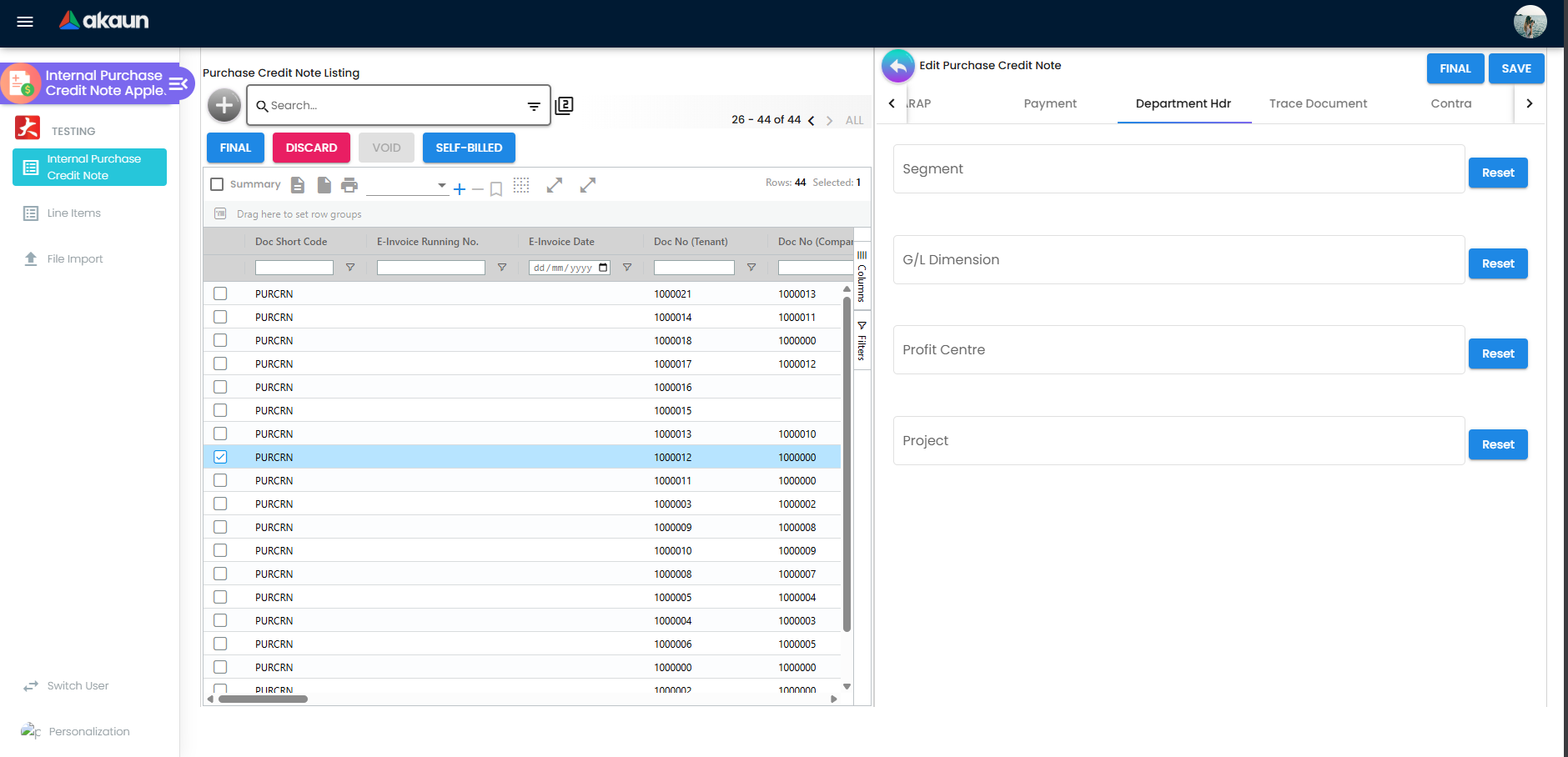 Department Hdr tab on purchase credit note